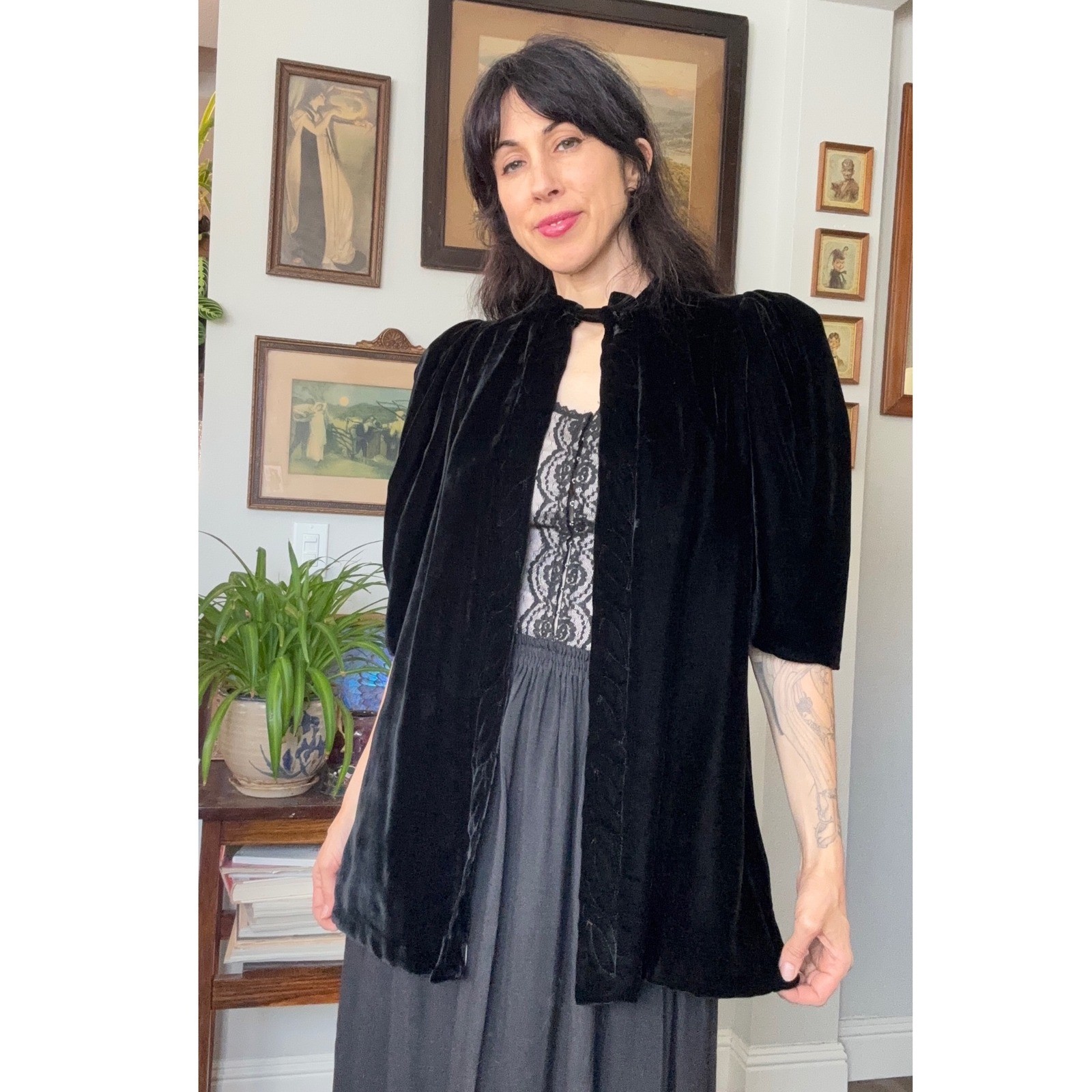 Vintage 30s 40s Black Silk Velvet Evening Jacket Puff Sleeve Trapunto Quilted