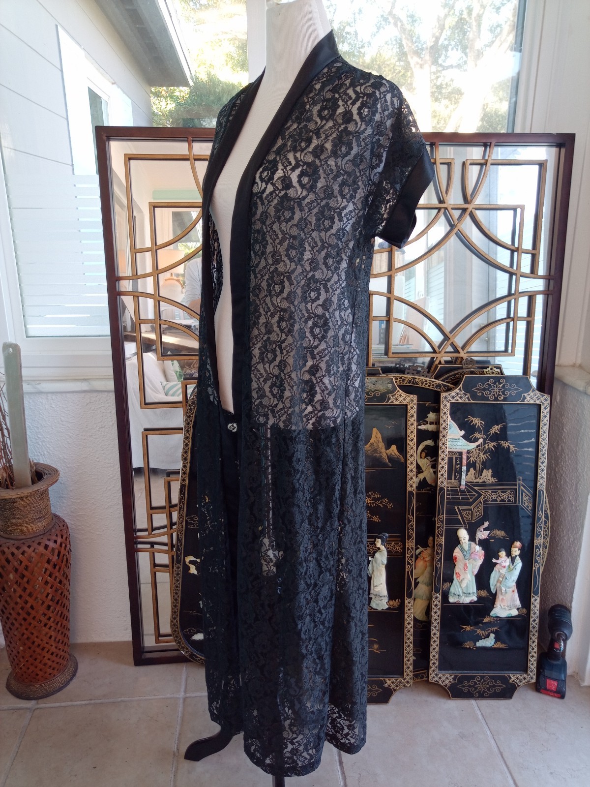 Vintage 70’s M Black Lace Full Length Robe Lingerie Peignoir Fairygoth Goth