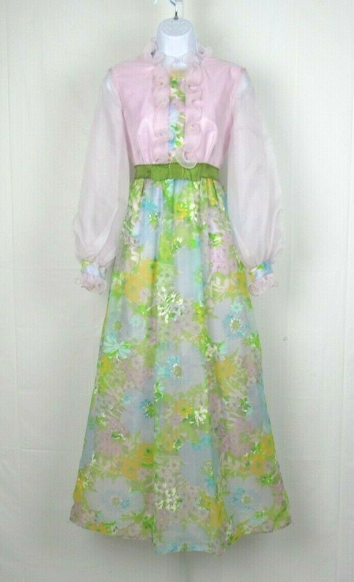 VTG 1960s SYLVIA ANN FLORAL DRESS BALLOON ARMS RUFFLE TRIM SIZE 10 LAVENDER