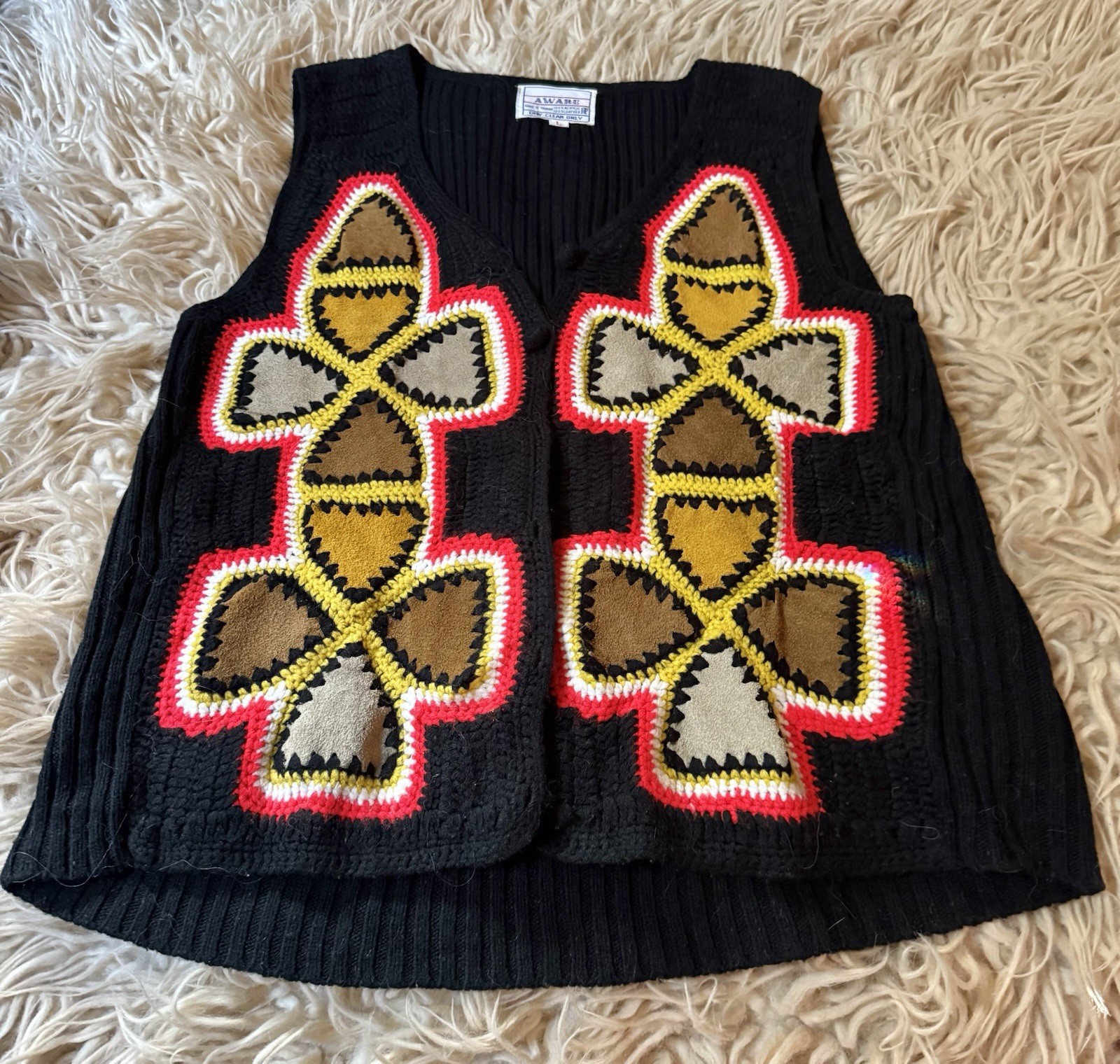 Vtg Aware Taiwan Acrylic Leather Crochet Sweater Vest Top 70s Rare Boho S M L
