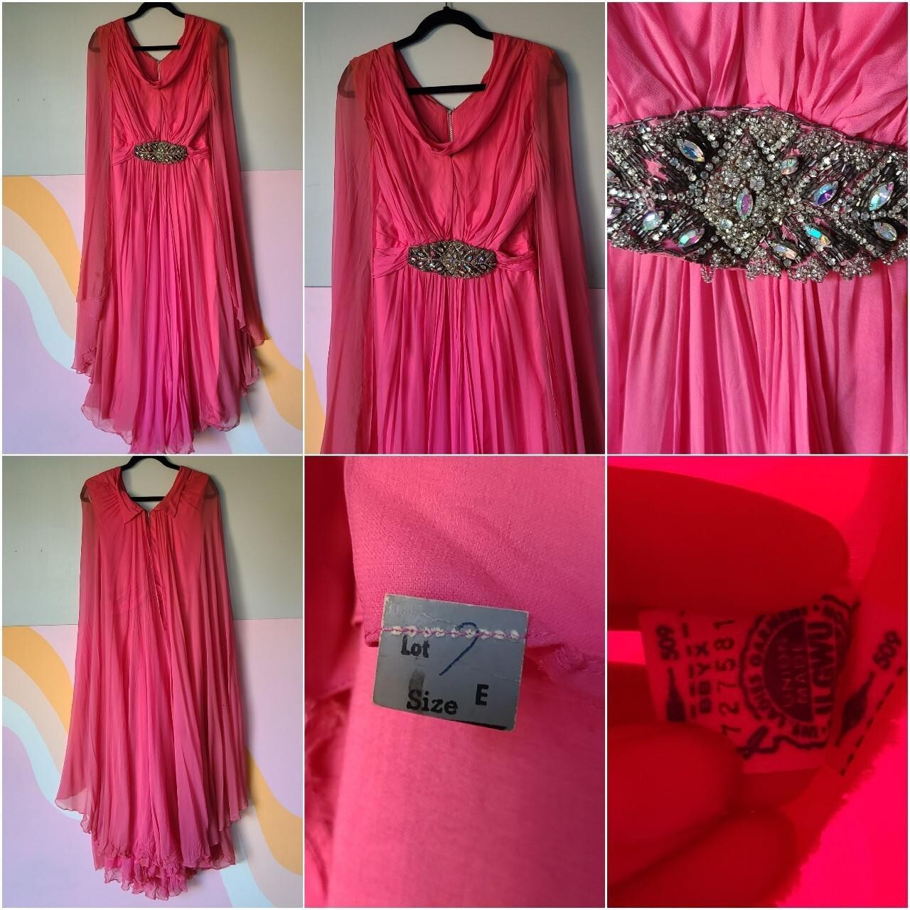 Vintage 60s Pink Silk Rayon Chiffon Gown with Rhinestone