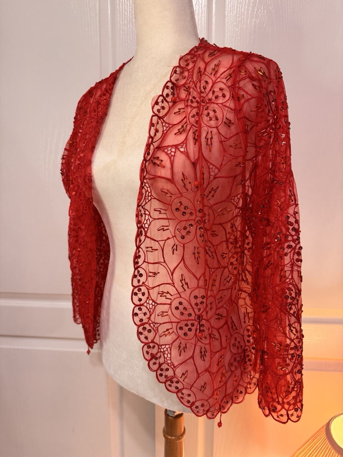 Vintage Red Beaded Mesh Cardigan Sheer Lace Sequin Shrug 90s Y2K Romantic Grunge