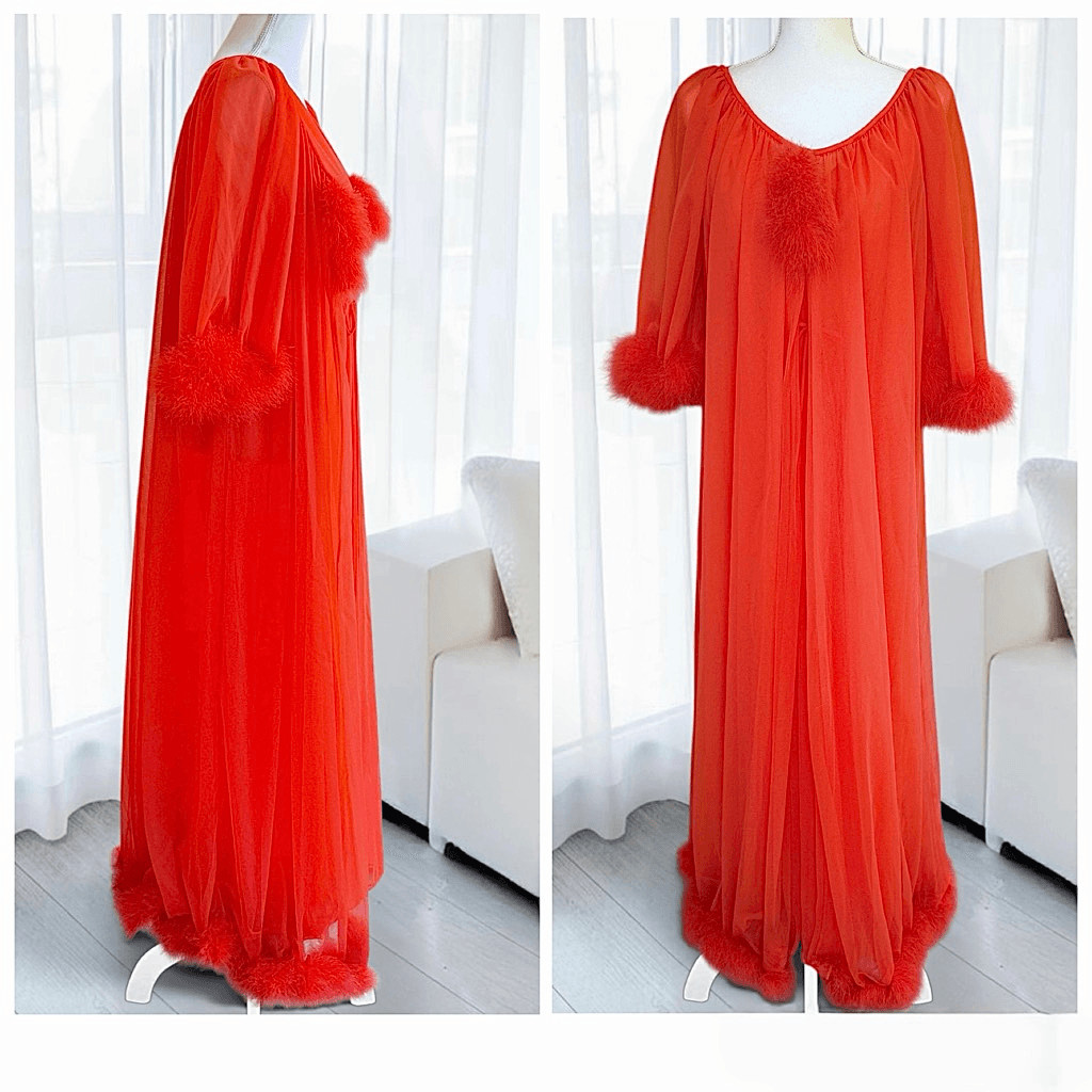 Jenelle of California Rare Vintage 60’s Crimson Feather Penoir Set Sz L