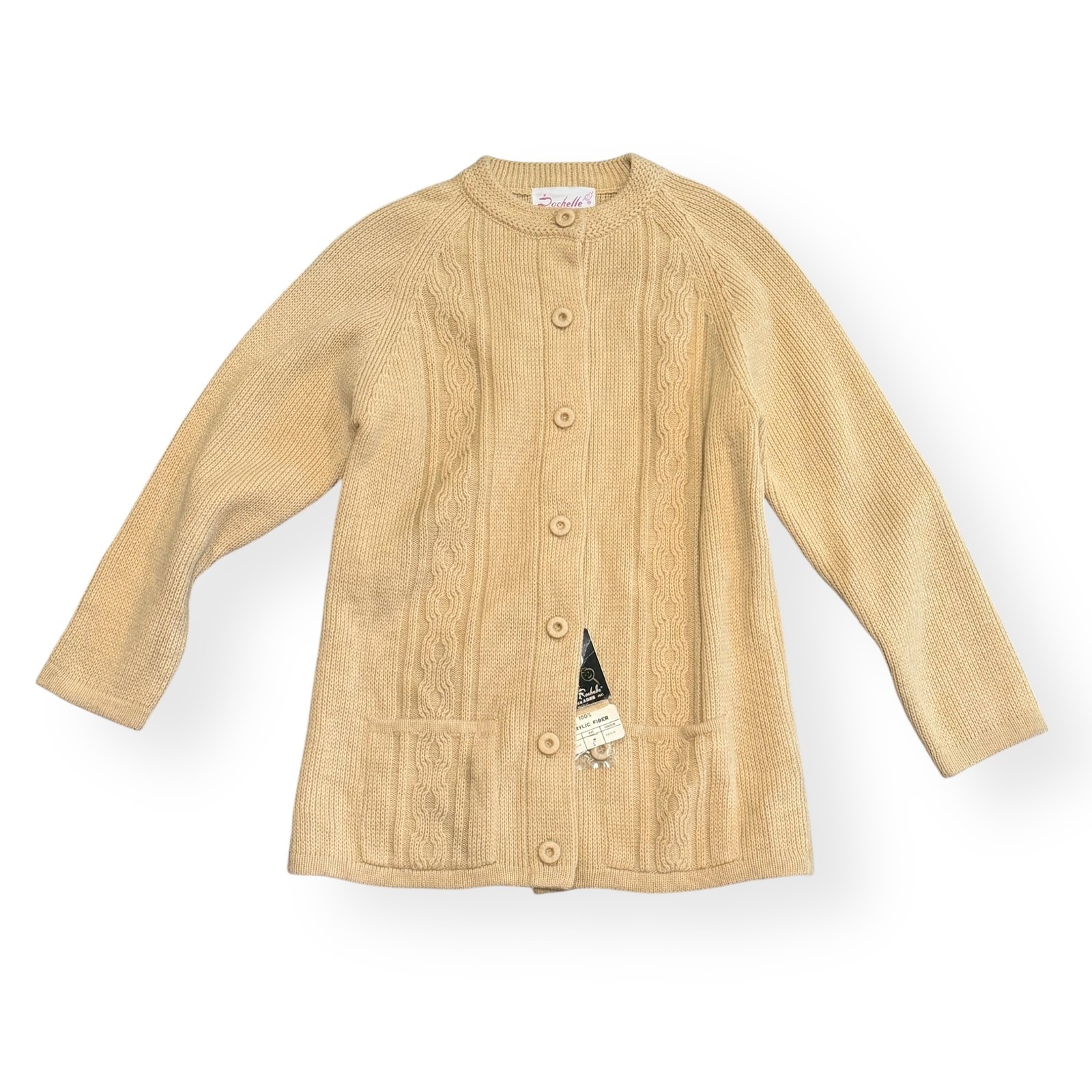 Vintage Rochelle California Beige Cardigan Sweater, Small Cable Knit, Pockets
