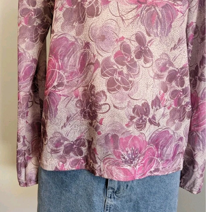 Vintage 70s D Allaird’s Blouse Womens Large Pink Floral Ruffle Neck Tie Top