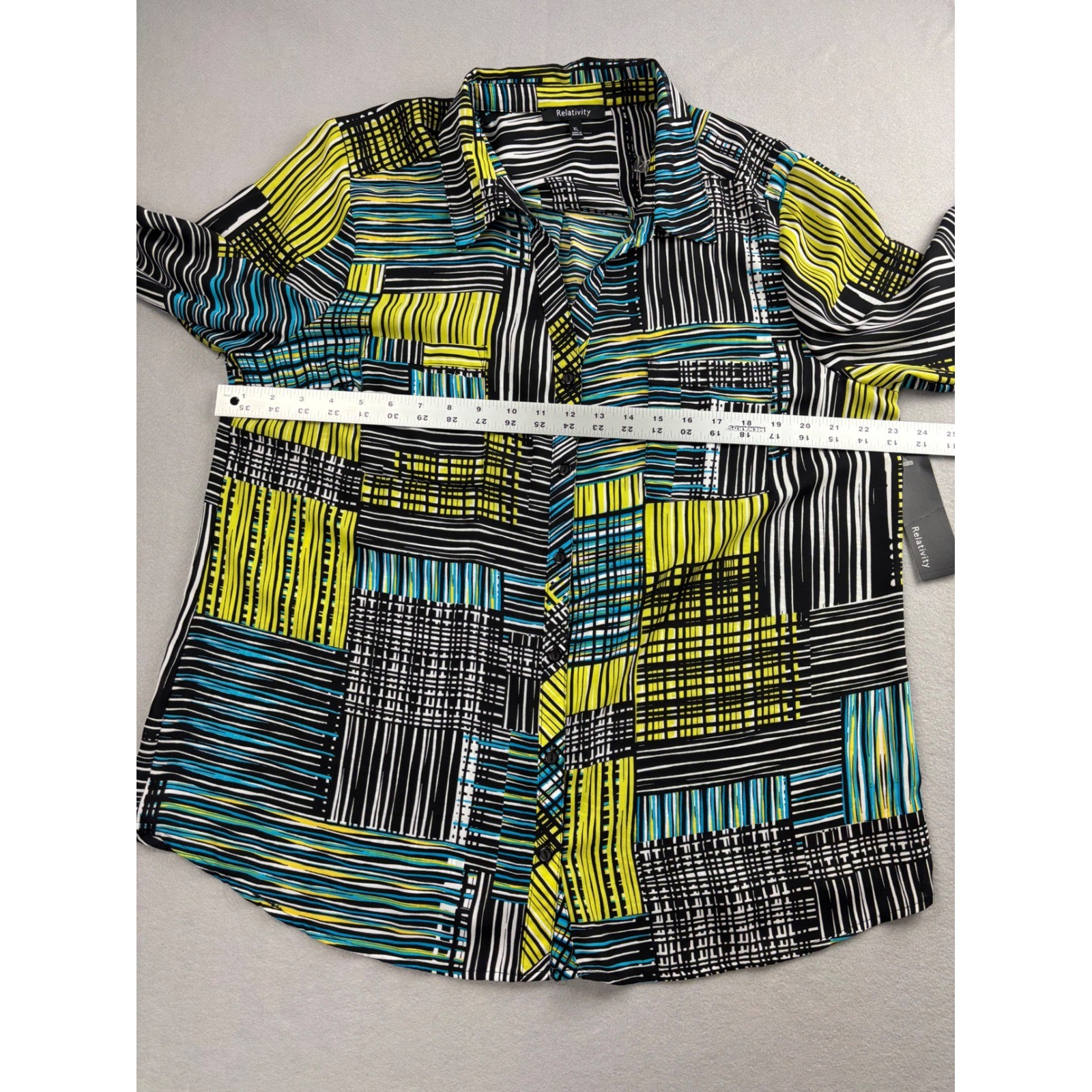 Relativity Womens XL Blouse Button Front Shirt Geometric Line Print Roll Tab NWT