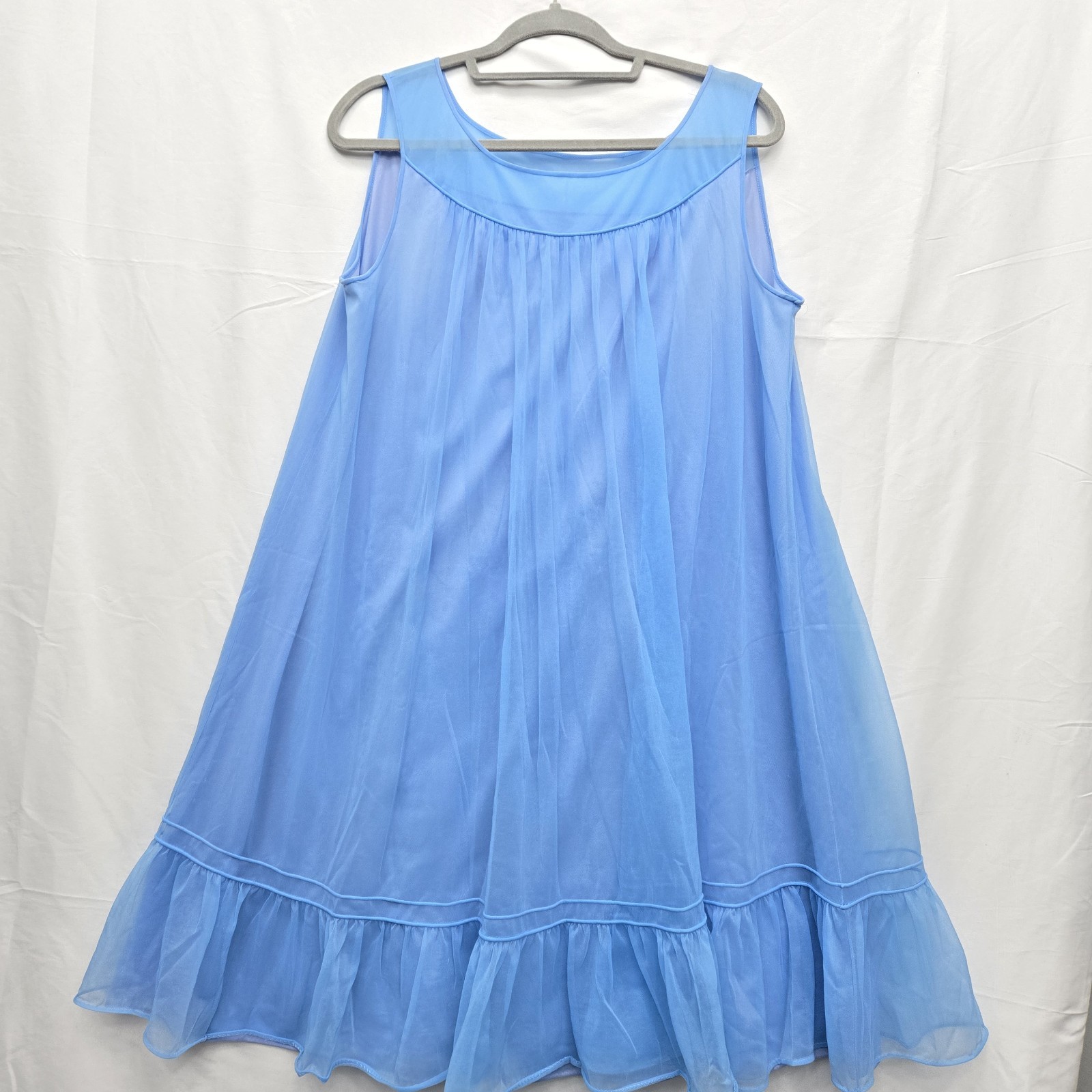 Vintage 1960s Blue Chiffon Babydoll Nightgown Sheer Ruffle Lingerie Dress Size L