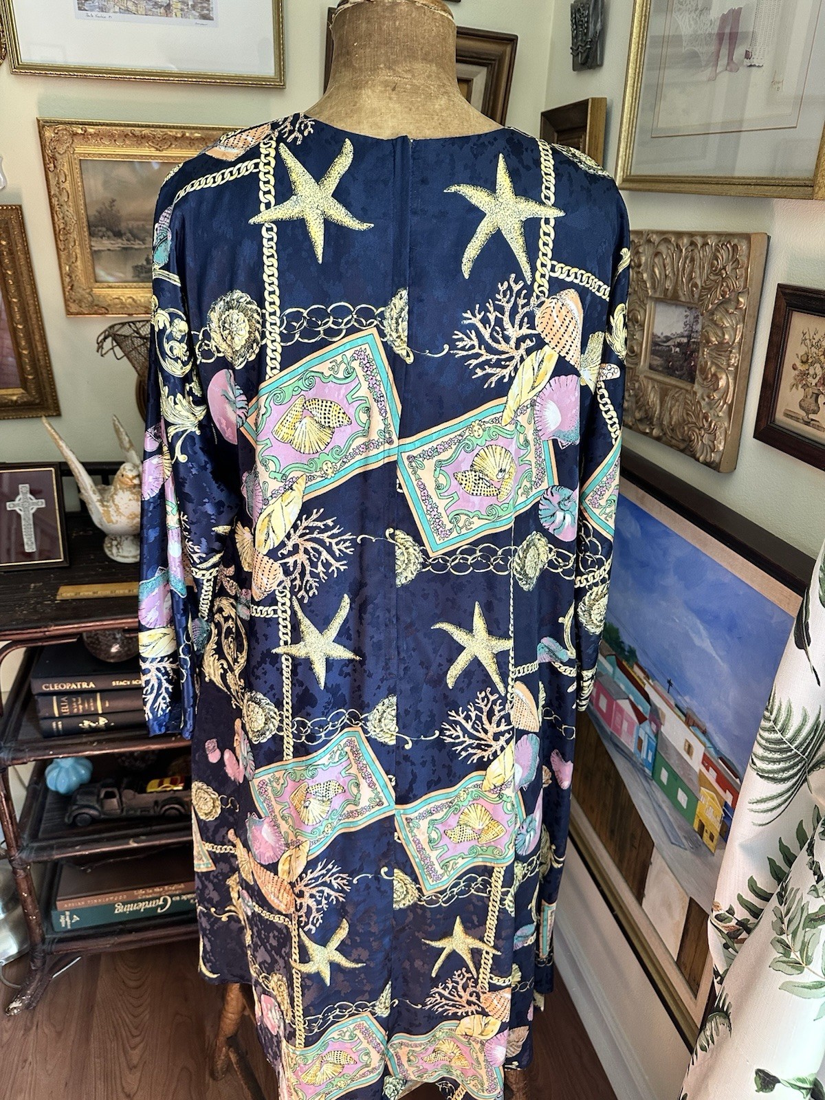 VTG Dolman Sleeve Dress Navy Shell Print W Pockets Size XL USA Made Handmade