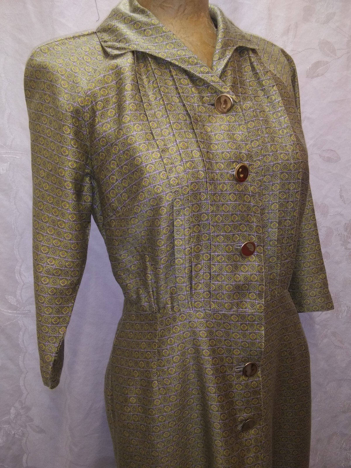 Vintage 1950’s Olive Green Dark Yellow Polished Cotton Elegant Dress Medium
