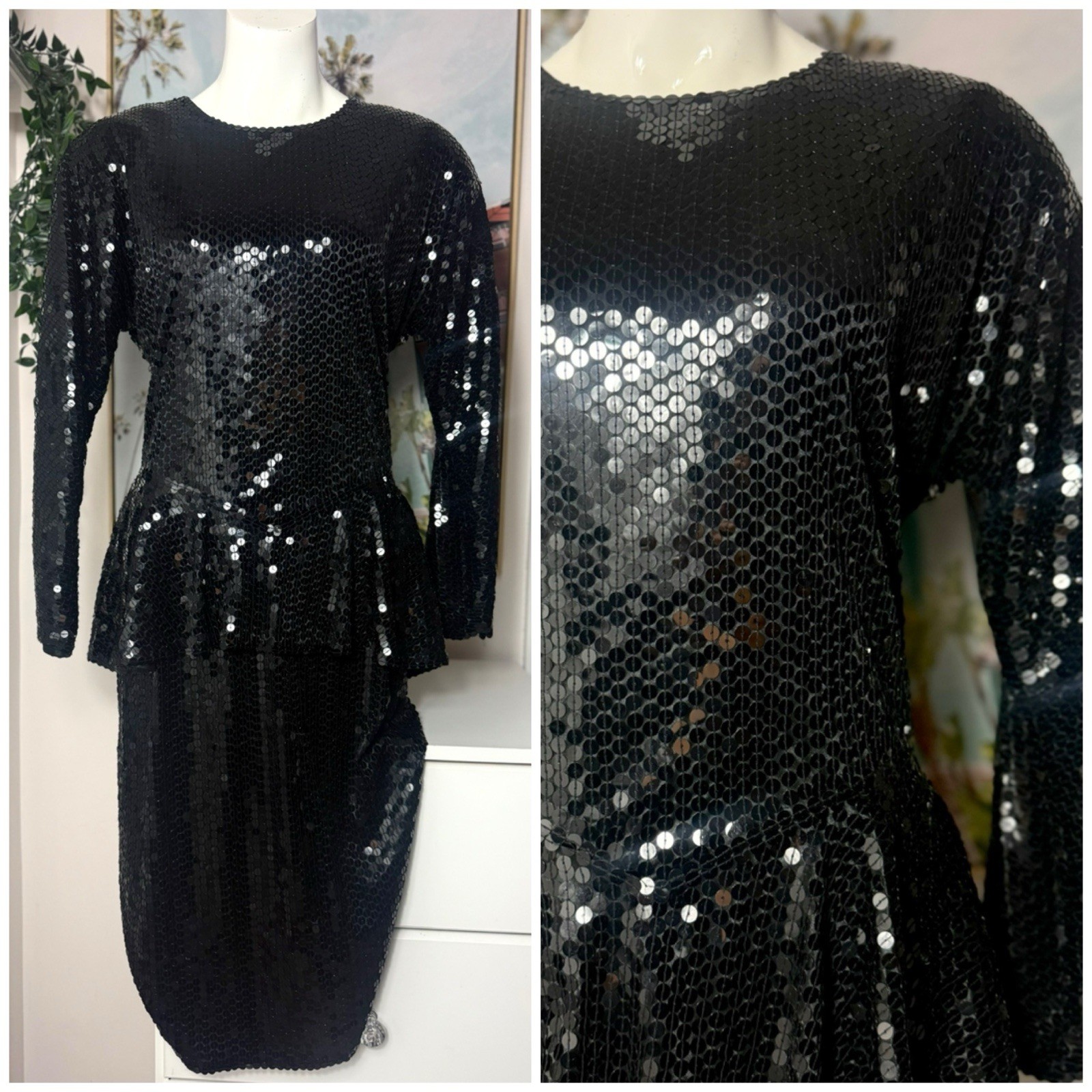 Vintage 80s Oleg Cassini Black Sequin Peplum Cocktail Dress Sz 14 Medium