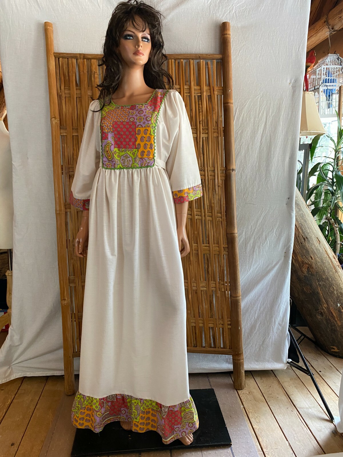 VTG 60s Maxi Dress Cream & Psychedelic Waist Ties 3/4 Wide Sleeve Hippy Boho S/M