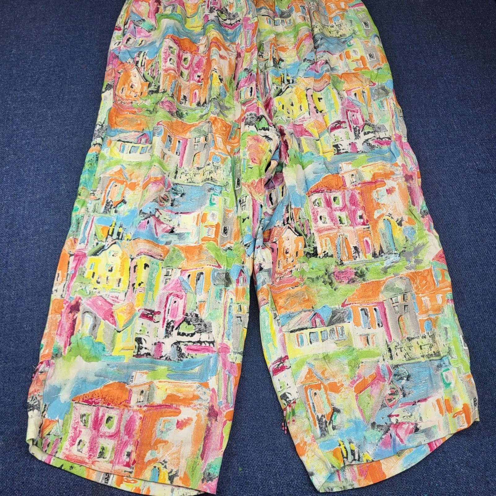 Sea Suns Vintage Village Print Beaded Hem Wide Leg Rayon Pants XL Made in USA