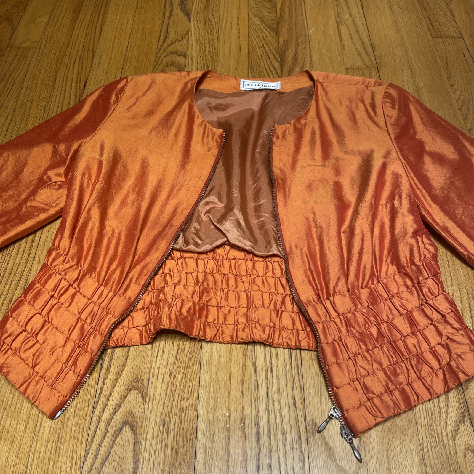 Vintage Singh S. Madan Silk Bronze Orange 100% Silk Bomber Jacket US 4 Small