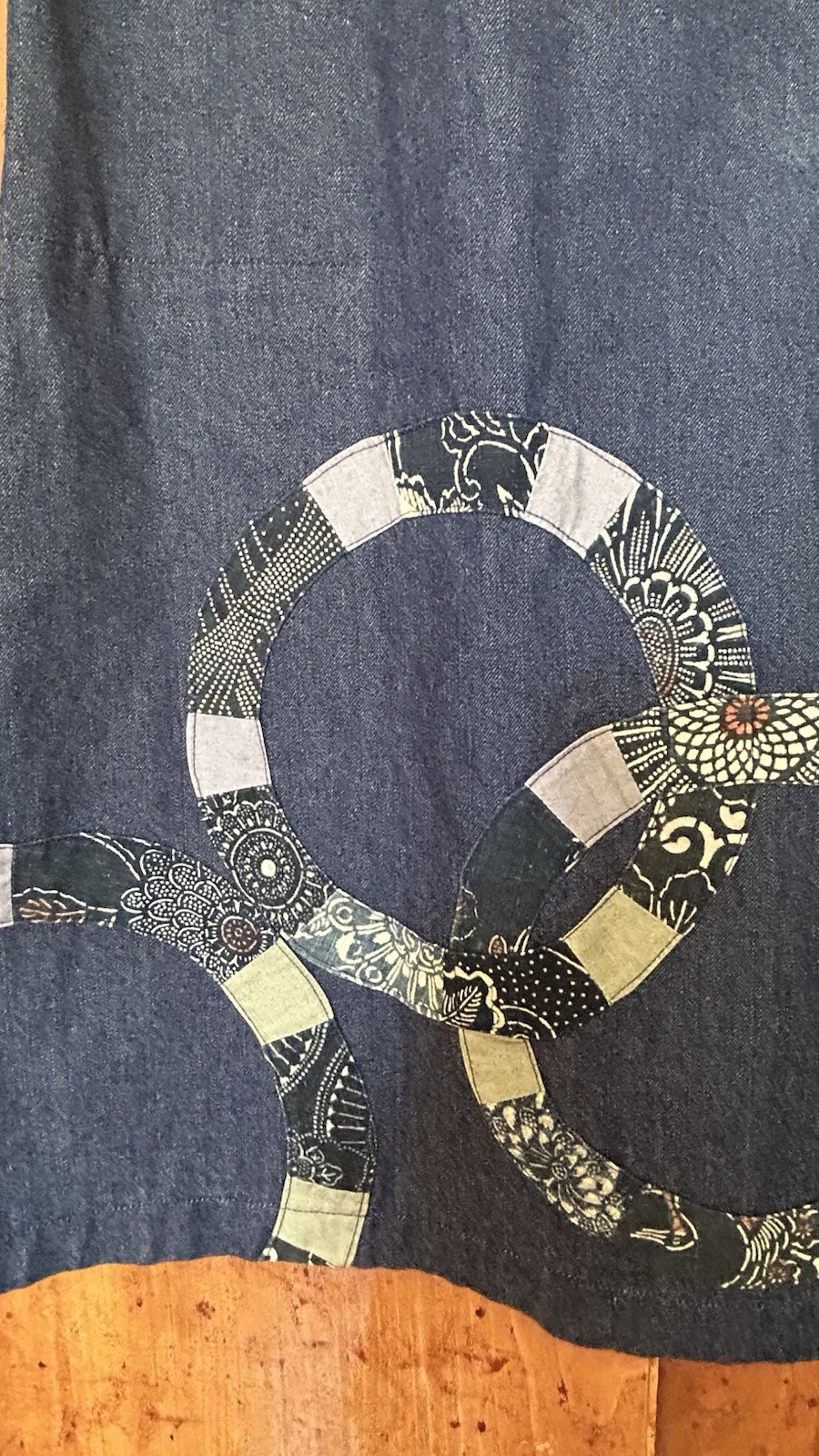 VTG Japanese A- Line Midi Denim Skirt L Sashiko Inspo Ring Appliqué Boho Artsy
