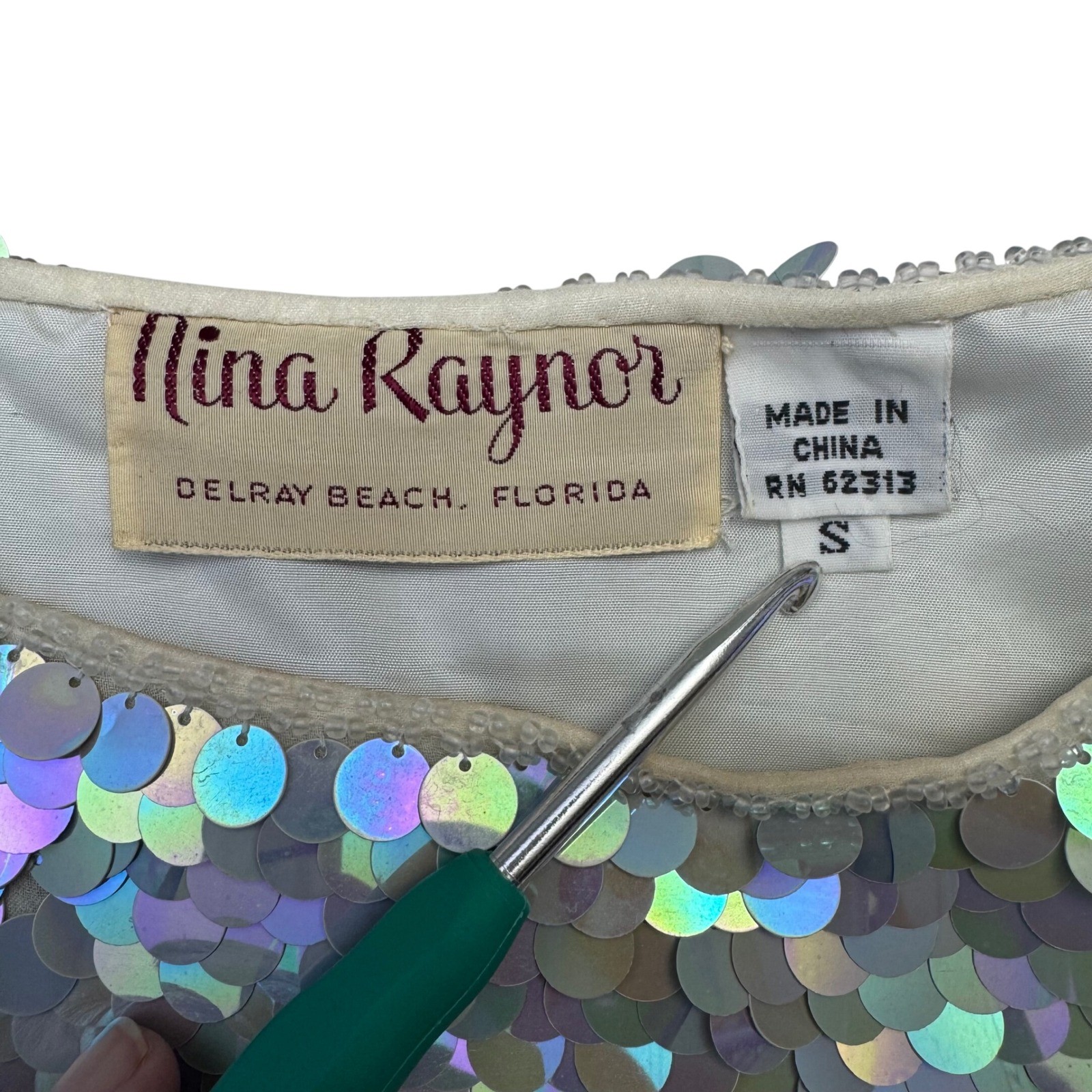 VTG Nina Raynor Top Small AMAZING 100% Silk Iridescent Sequin Beaded Mermaidcore