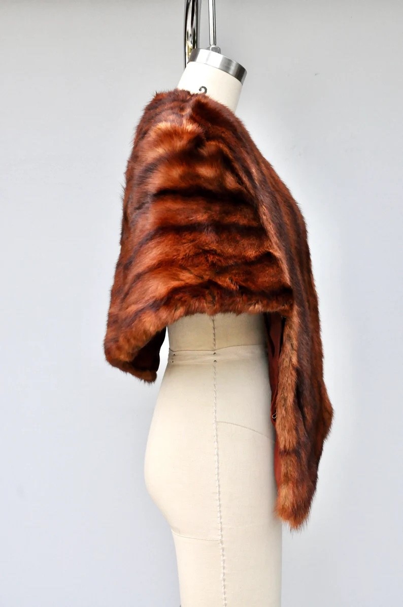 Vintage Mink Fur Stole Cape Capelet Wrap Shawl POCKETS 40s 50s Mid Century