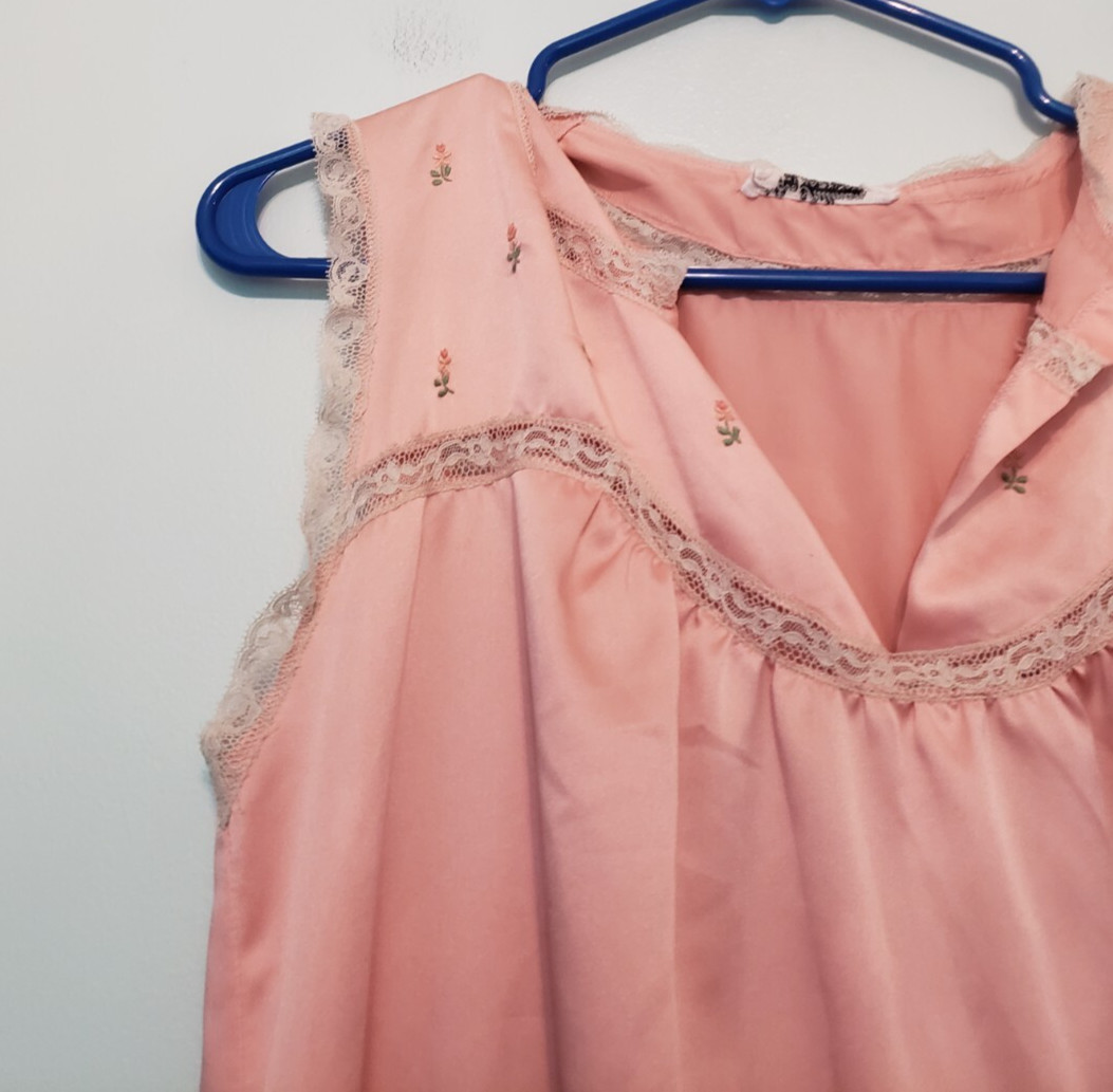 VTG Eve Stillman I Magnin Womens M Nightgown Maxi Lace Pink Floral Satin FLAW