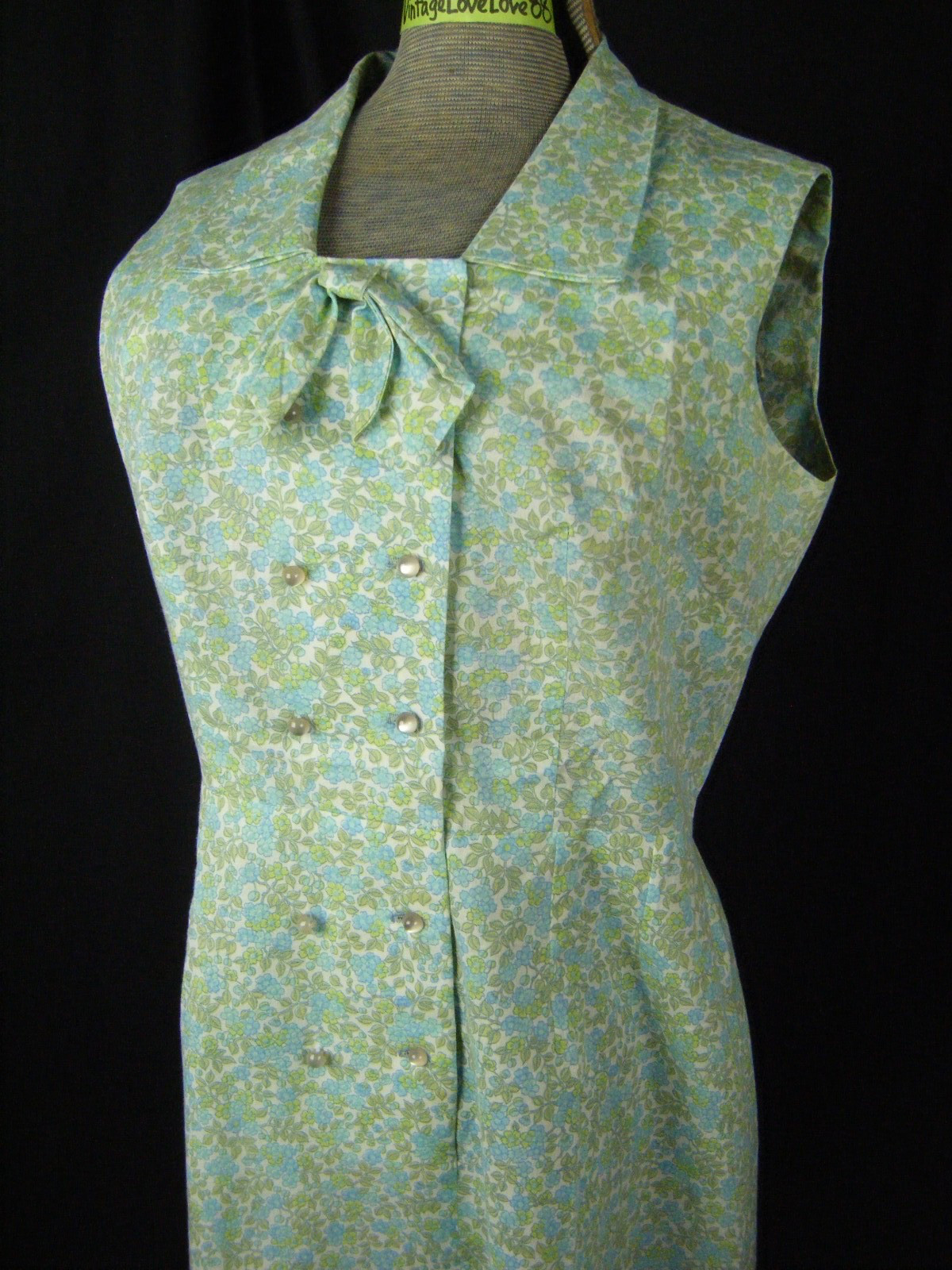 PAT PERKINS Vtg 50s Blue Green Floral Bow Sleeveless Summer Dress-Bust 41/S-M