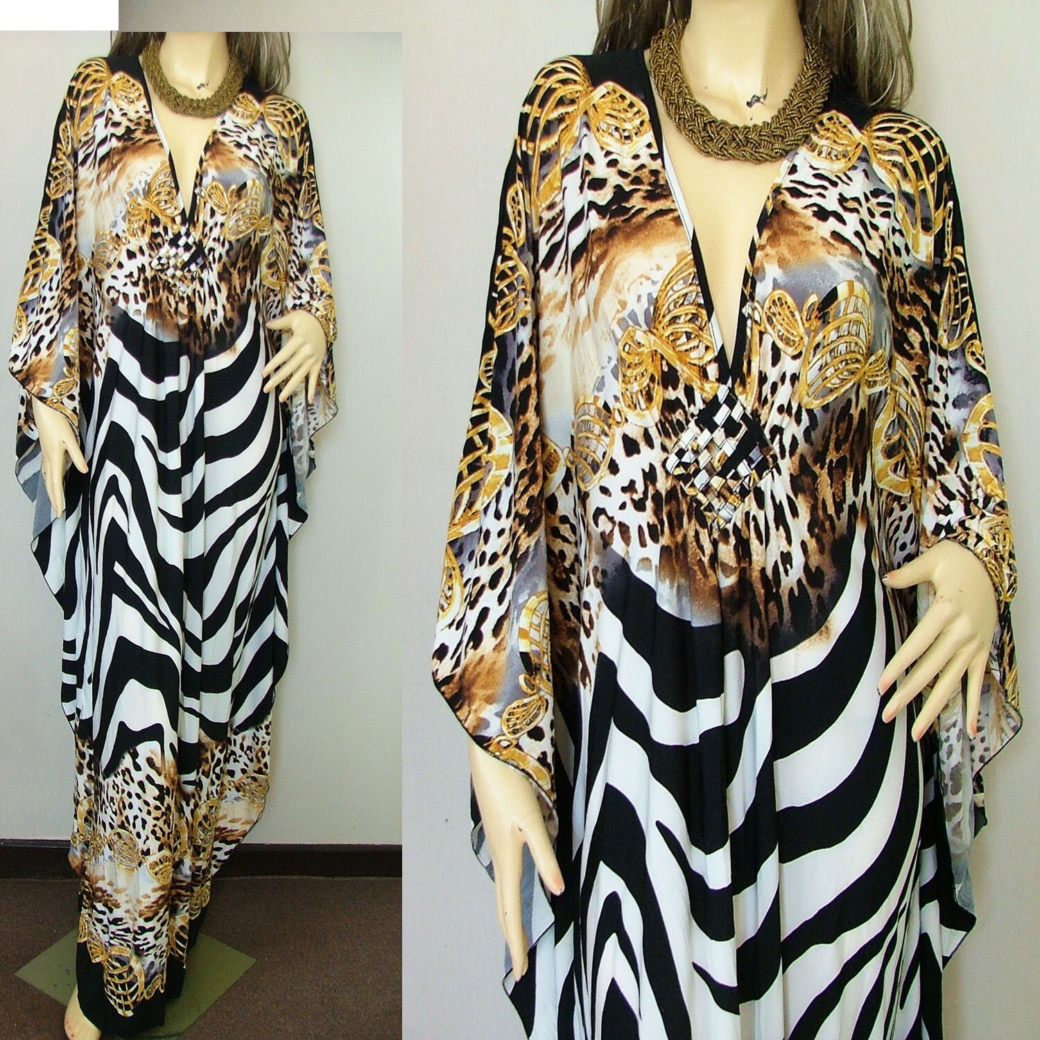 Vtg Dress Hippie Gypsy Kaftan Kimono Leopard Zebra Cocktail Evening Plus Maxi 4X