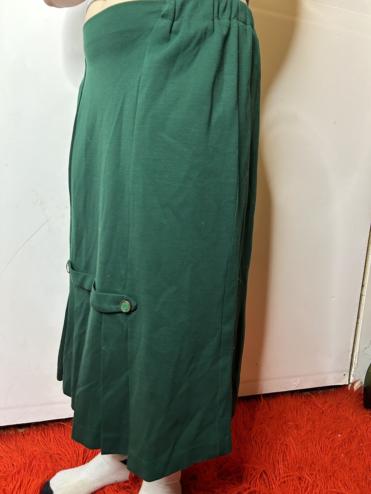 Vintage Handmade 1980s Deep Green Maxi Skirt Businesswear Pleated Buttons AU 14
