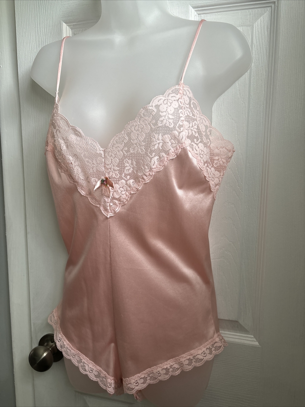 VTG Nylon Antron Satin Lace Teddy Bodysuit Playsuit Panty Sissy Romper USA Med