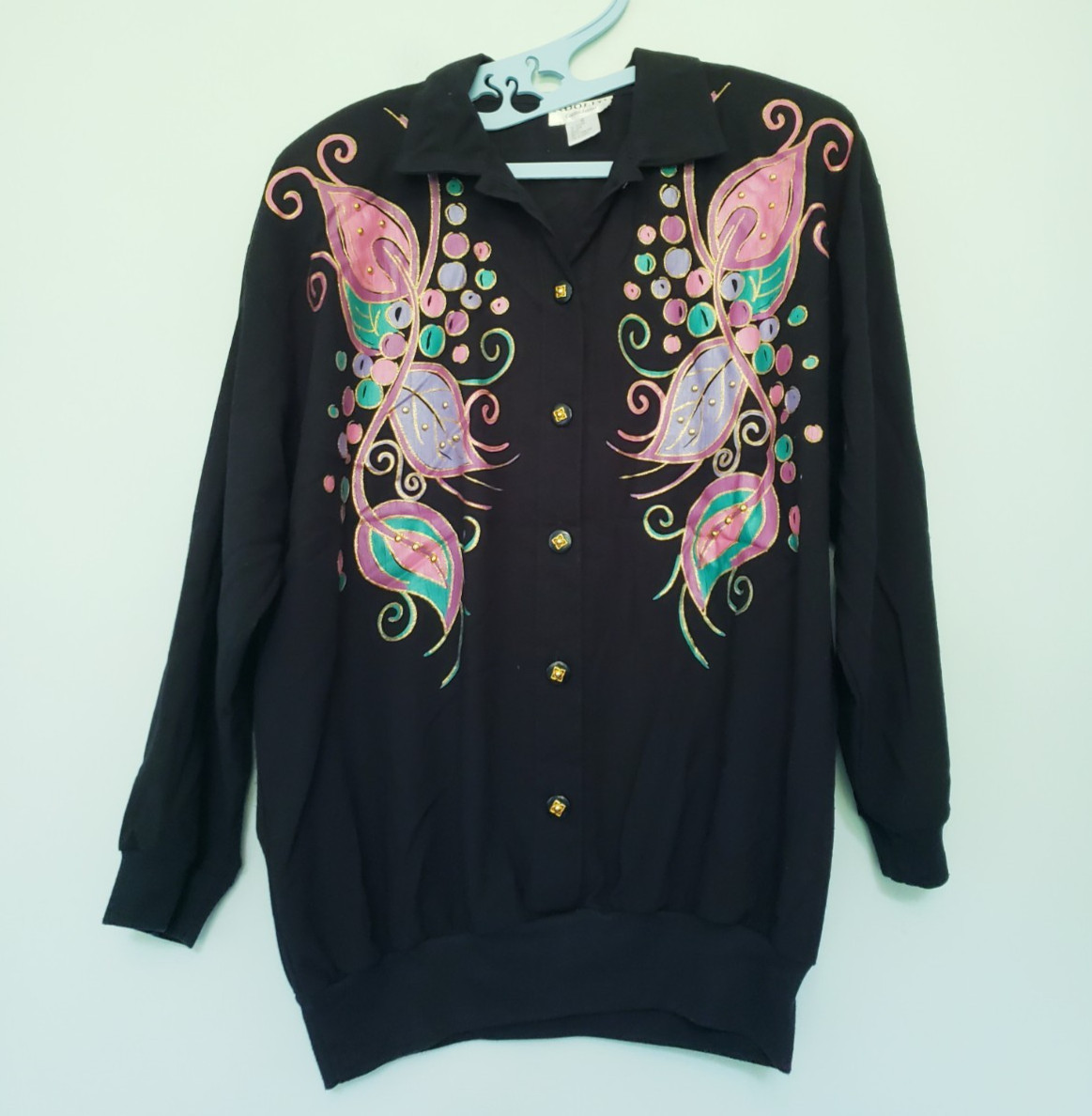 Vtg ADOLFO Women S Top Painted Bright Colorful Button Oversized Artsy 3/4 Sleeve