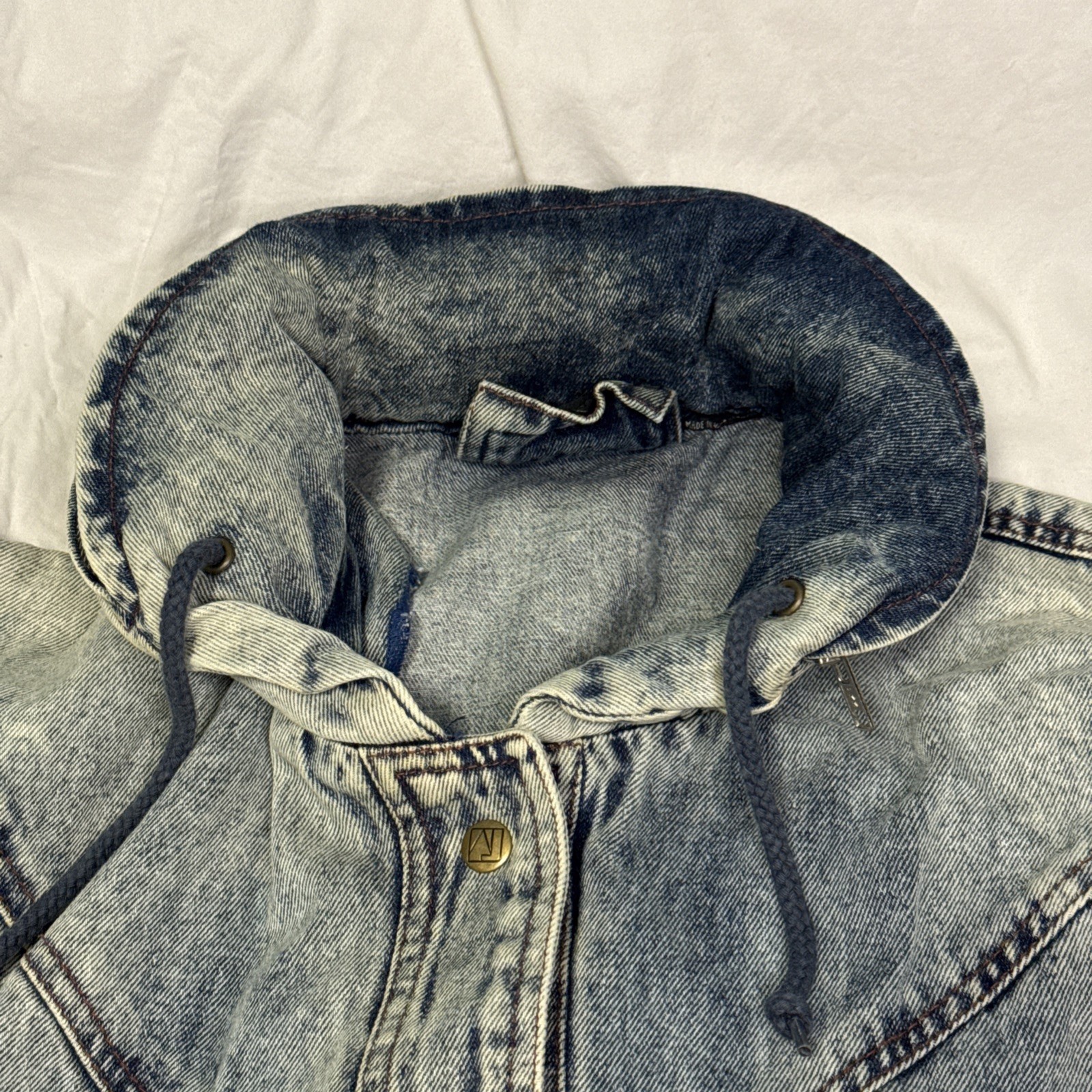 VTG ANDY JOHNS Long Denim Jacket Coat Large Hooded Grunge 90s 80s Light Wash