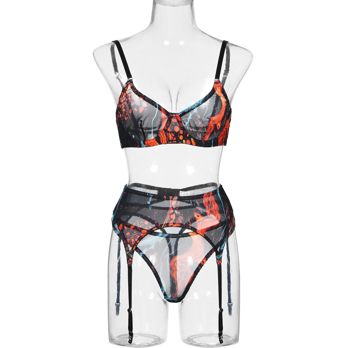 Arrival Colorful Ink Splatter Mesh Sexy Lingerie Set with Gloves and Garter Belt