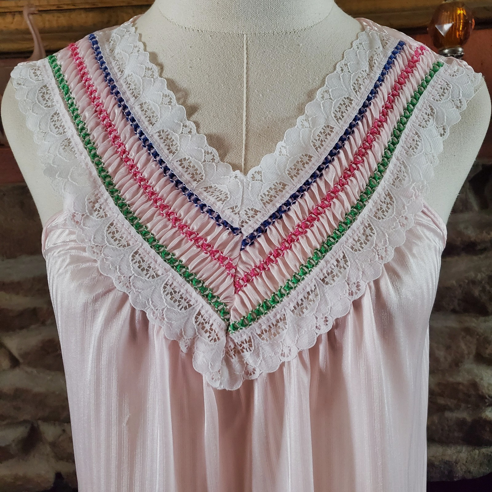 Vintage Sidney Bernstein USA Pink Nylon Nightgown Womens Small Shadow Stripe S