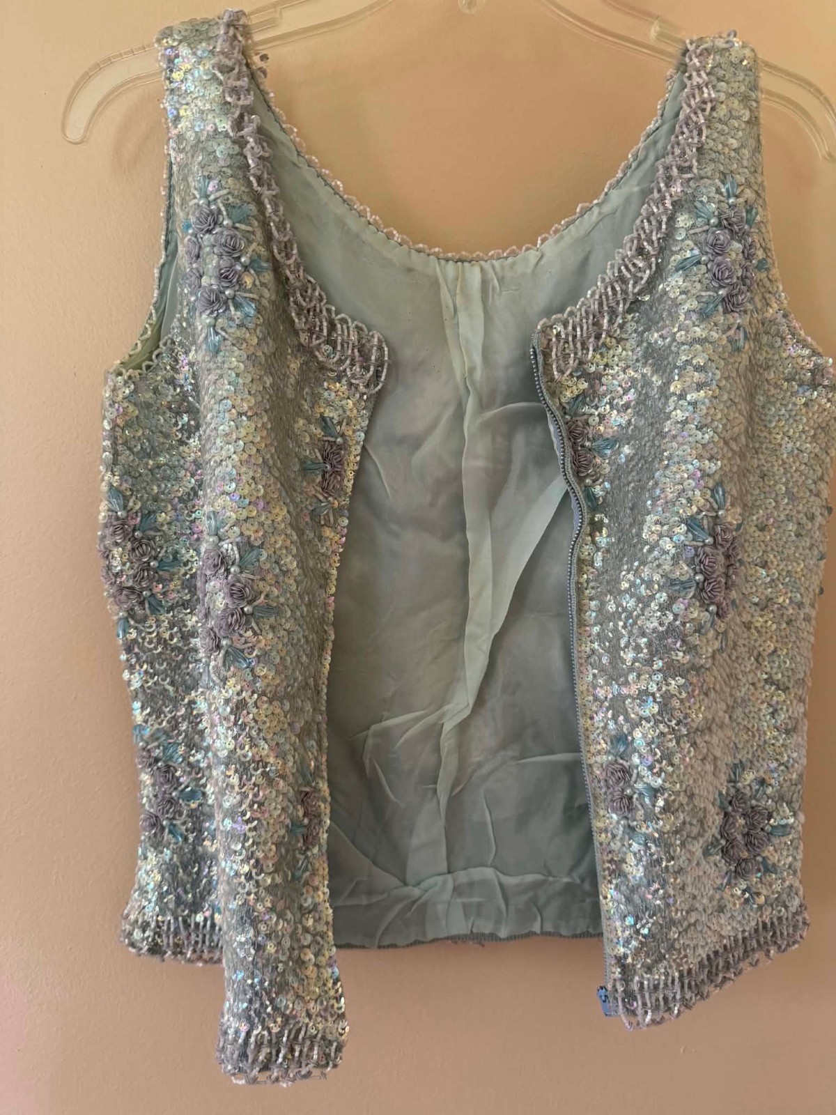 1950’s-60s Ice Blue & Silver Hand Beaded Sequined Wool Top Size M Hong Kong