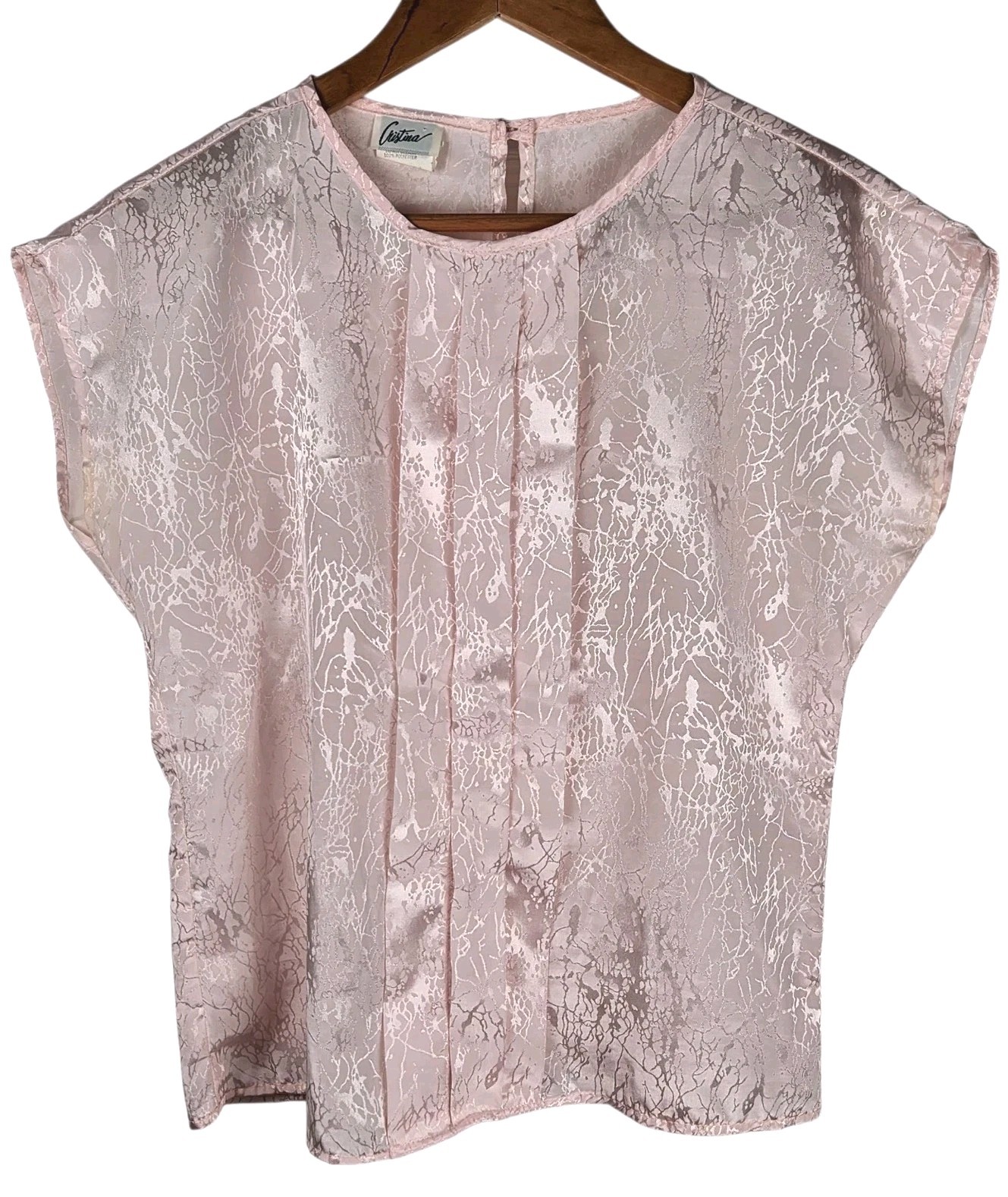 Cristina vintage 80s pink satin look blouse Top Shirt Siz Small Pleated