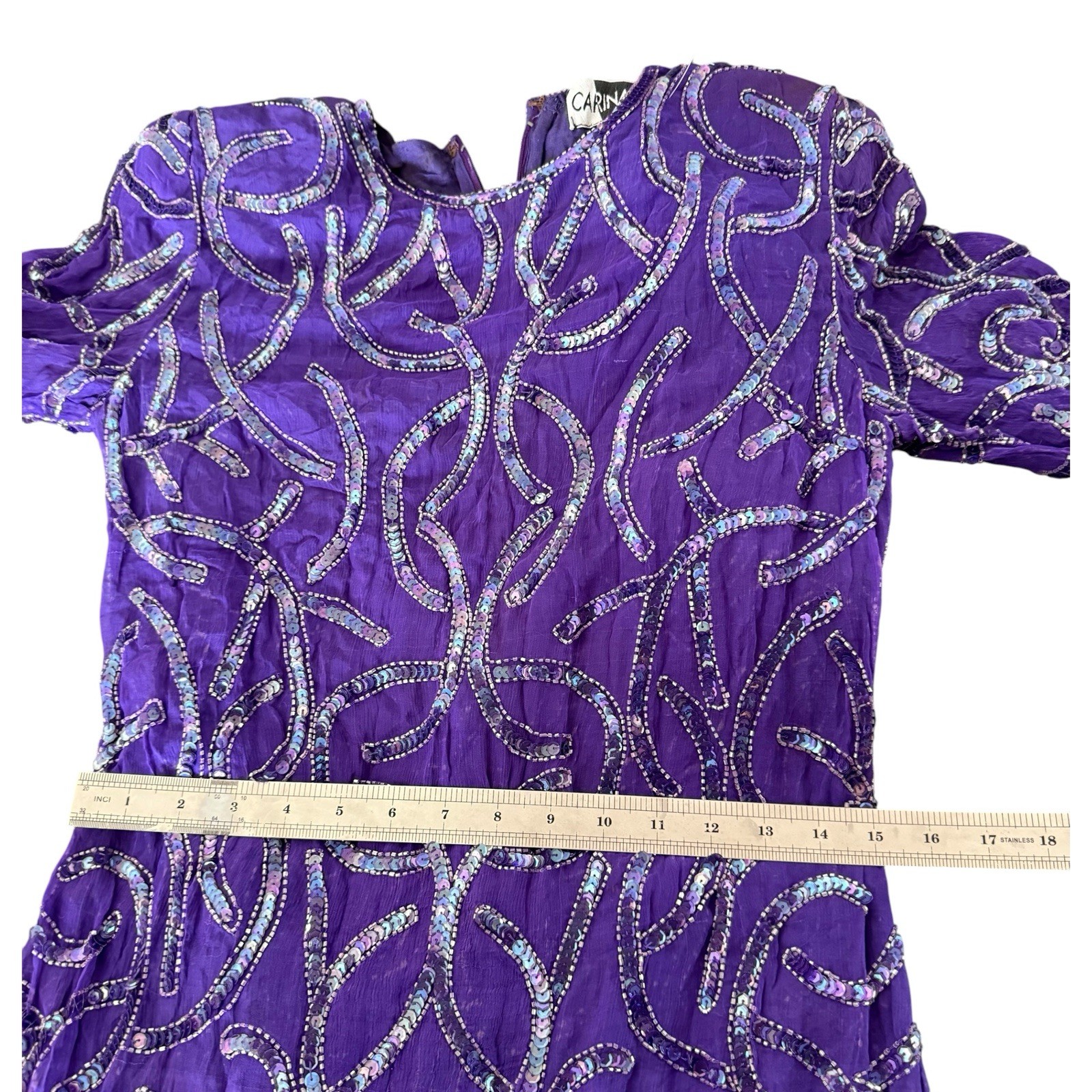Vintage Carina Purple 100% Silk Beaded Long Sleeve Mini Dress