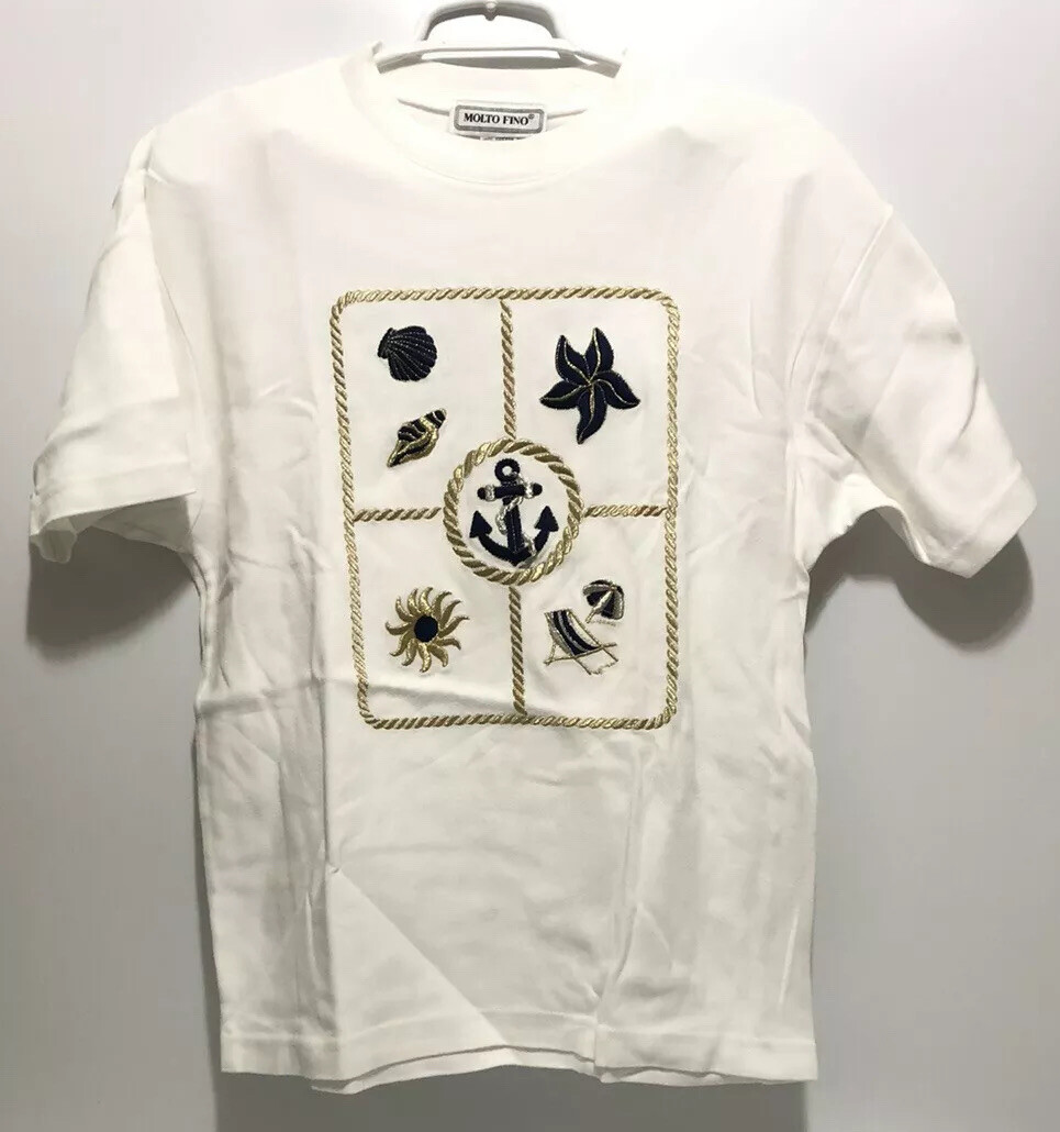 Vtg Molto Fino Womens Nautical Anchor Shell Gold Rope T-shirt Size M 100% Cotton