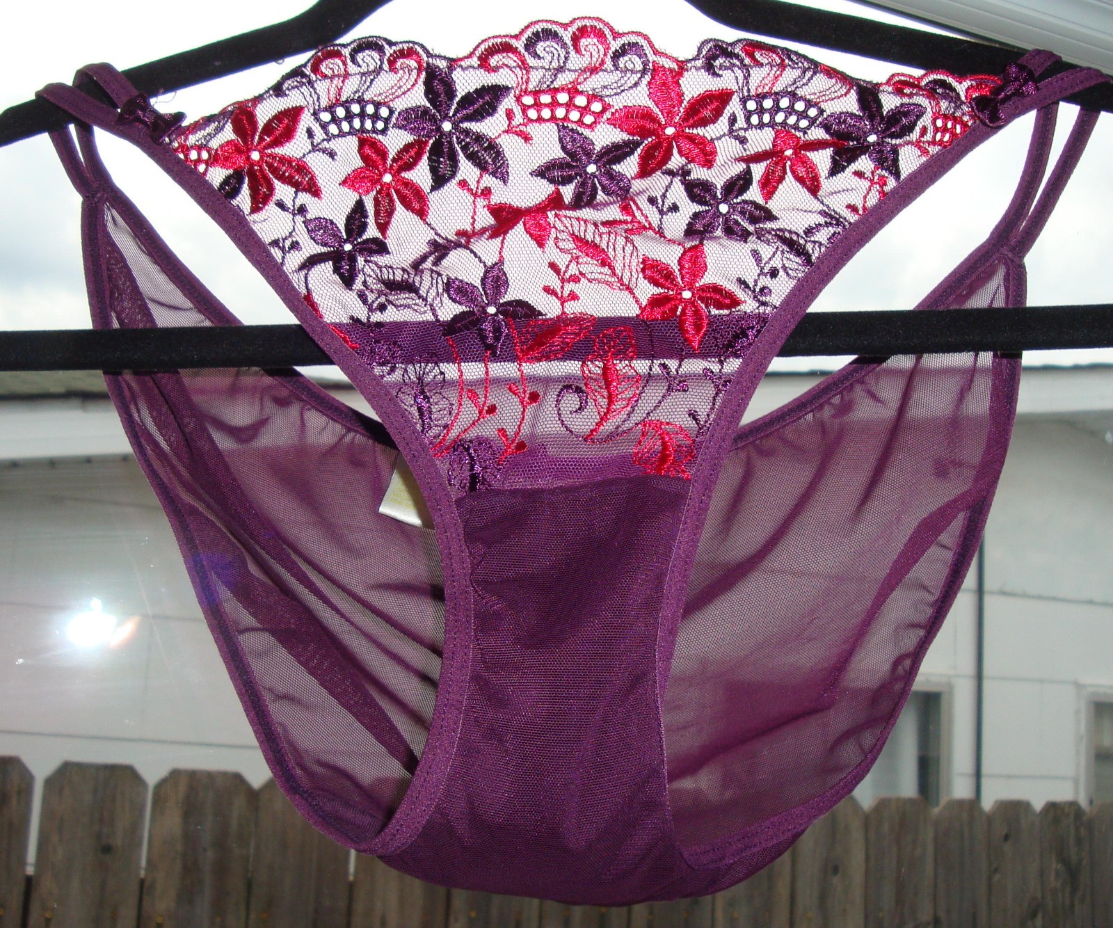 Vintage 7 L Purple Mesh Double String Bikini Panty w/ Floral Lace & Bows