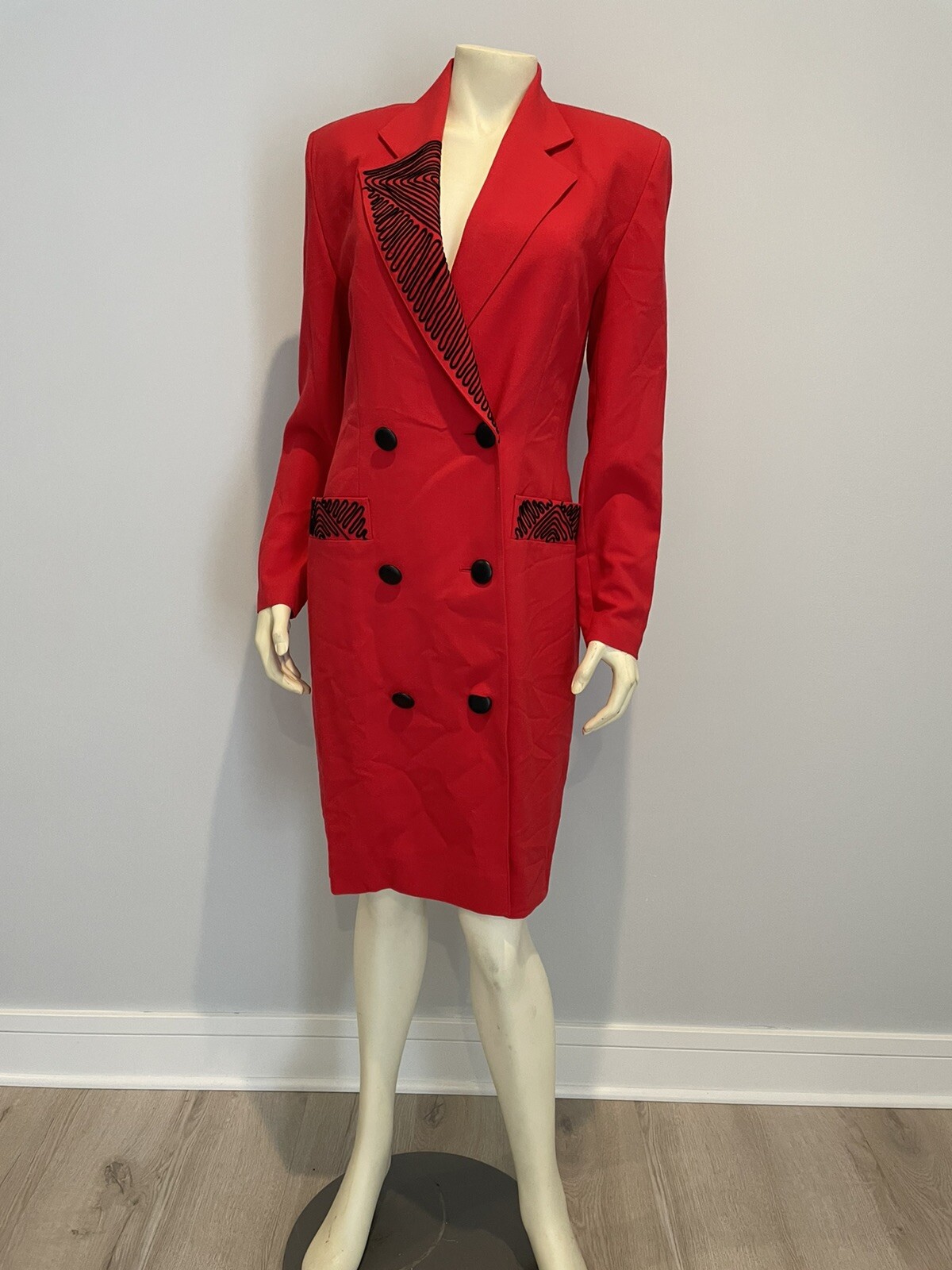 Louis Féraud 1980s Red Wool Crepe Double-Breasted Coat Dress Us6 Red Valentines