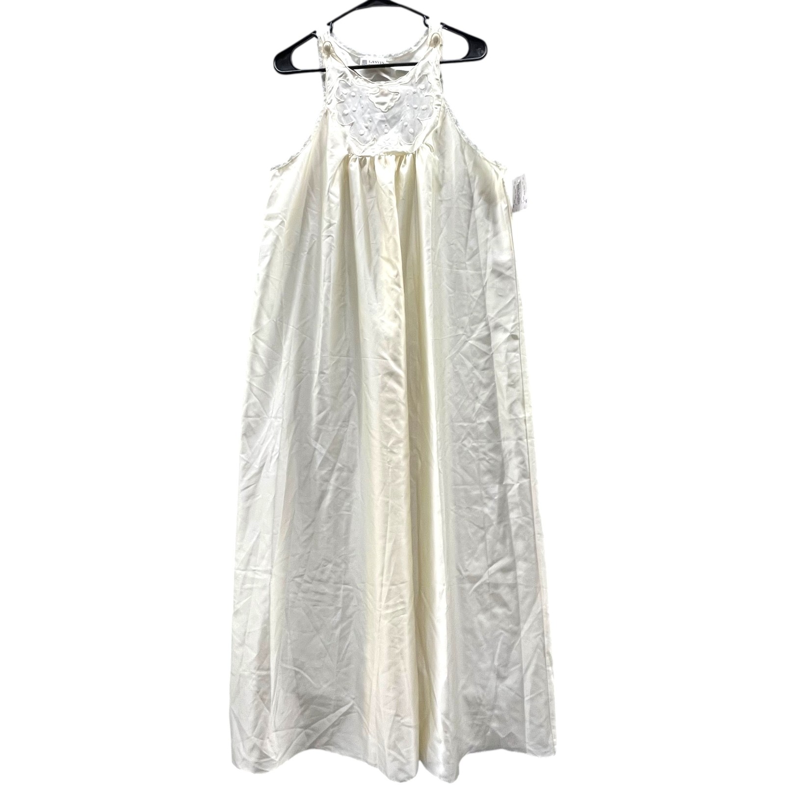 Vintage Lanvin Dress Womens Large Satin Maxi Nightgown Lace Trim 70s 80s France