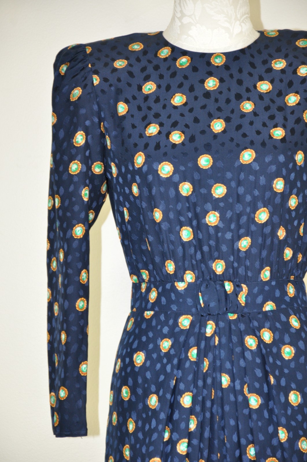 80s Vintage Navy Blue Silk Gemstone Print Puff Sleeve Back Buttons Dress Women S