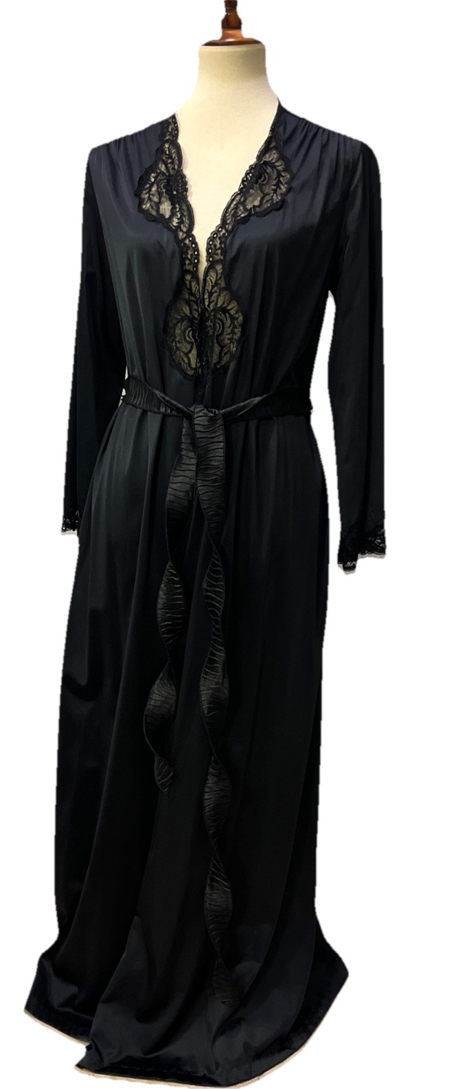 Vintage 70-80s Olga Black Silky Nylon Lace Robe M USA 94250 Glamorous READ!