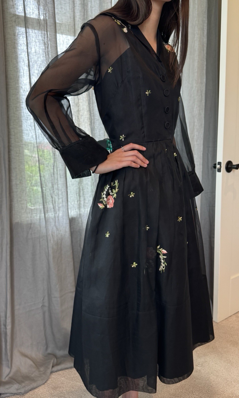 Vtg 50s Party Cocktail Dress Black Silk Organza -satin Lining S/M Petticoat