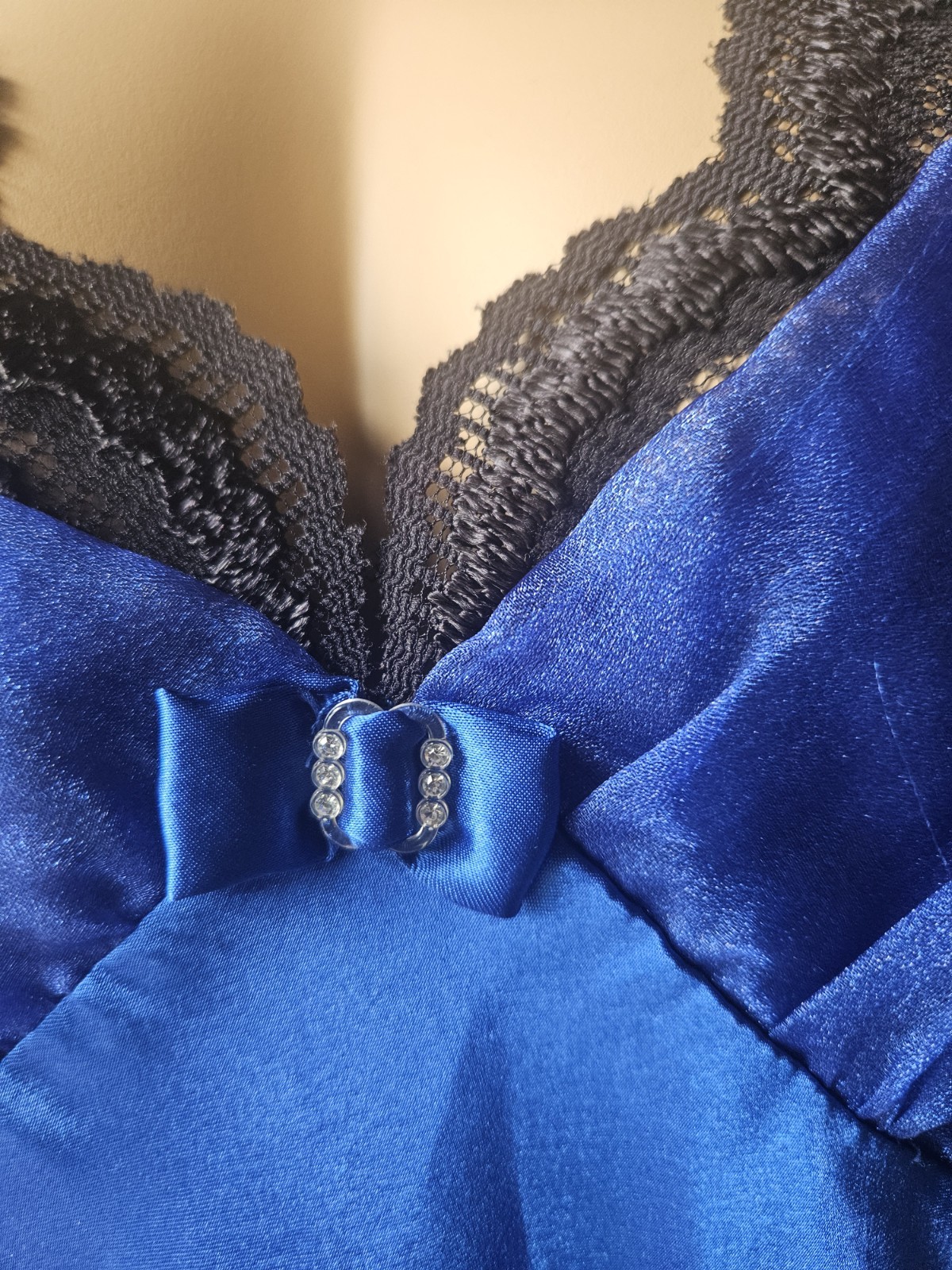 Scarce Vintage 80s Inner Most Royal Blue Satin Gown Black Lace Strappy Sz XL