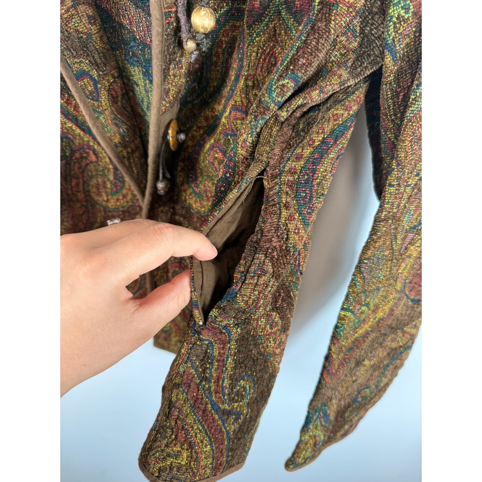Flashback Vintage Tapestry Paisley Jacket Brown Boho Toggle Button Coat Large