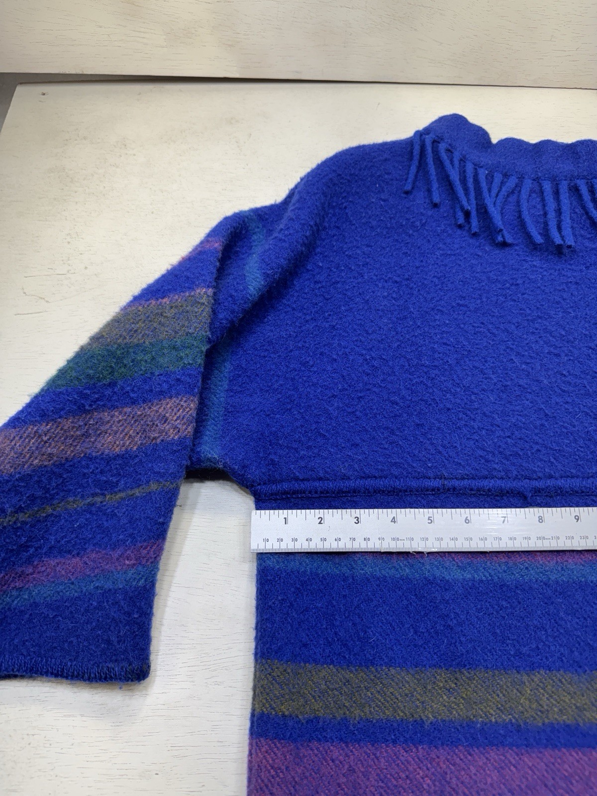 Vintage Lapp Lander Fringed Blanket Sweater Blue 100% Wool Norway 40