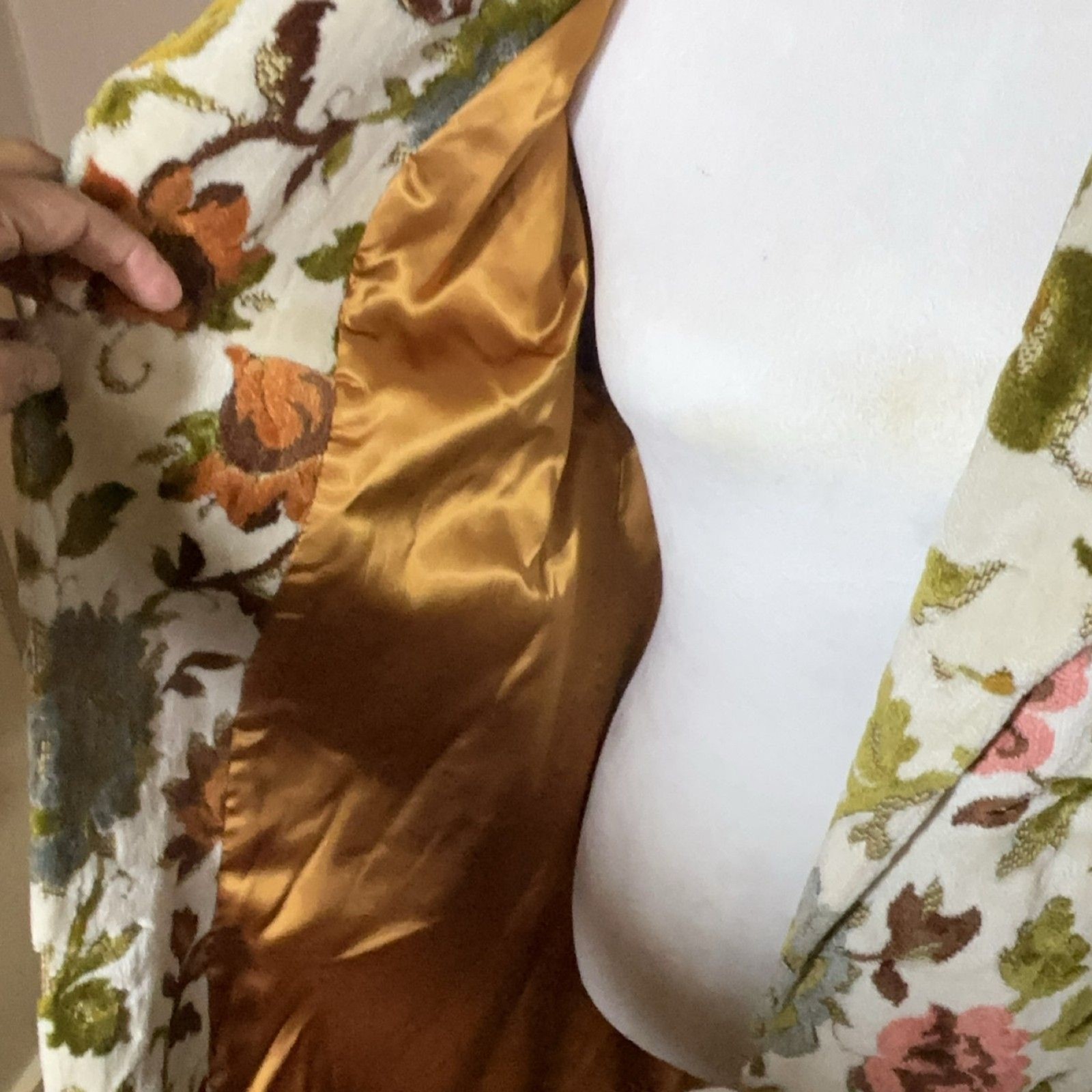 Vintage Floral Chenille Tapestry Coat Cream Olive Green Orange Pink Pockets