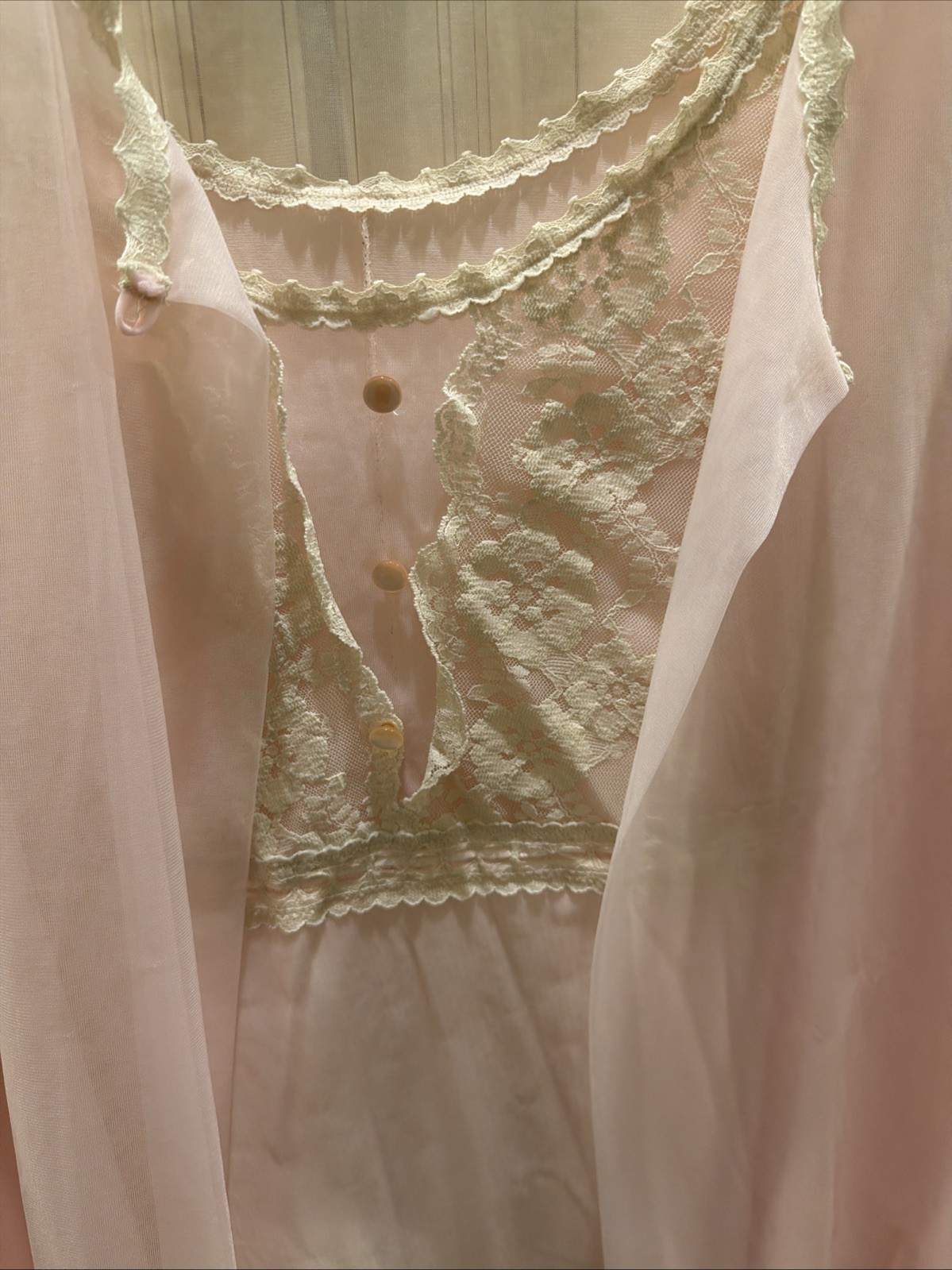 Vintage Lingerie Set Pink Lace Satin And Soft Tulle Robe And Sweet Nightie XL