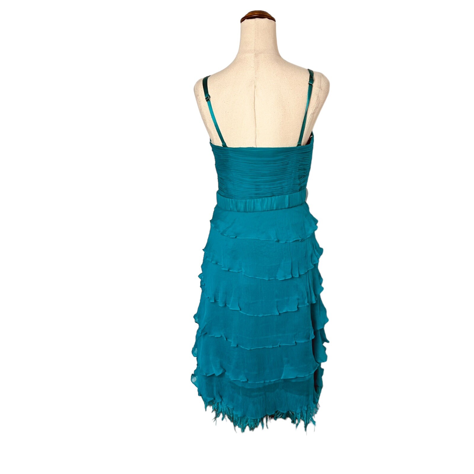Vintage 90s Y2K Aqua Silk Tiered Formal Prom Dress Feather Trim Sz 10 McBling