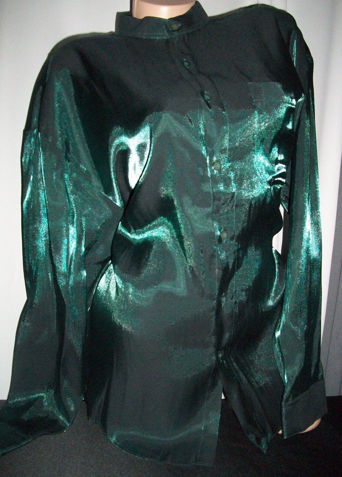 Vtg Green Rayon Button Blouse Shirt Top L