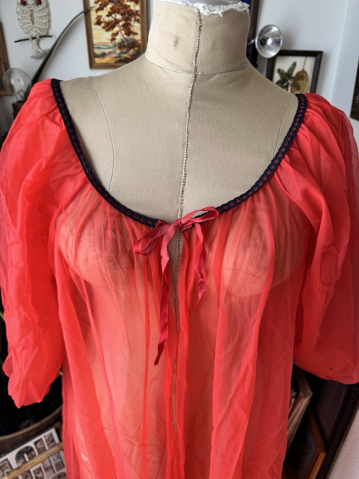 VTG 50s Sheer Red Peignoir Robe Balloon Sleeves Tie Black Trim Medium Boudoir