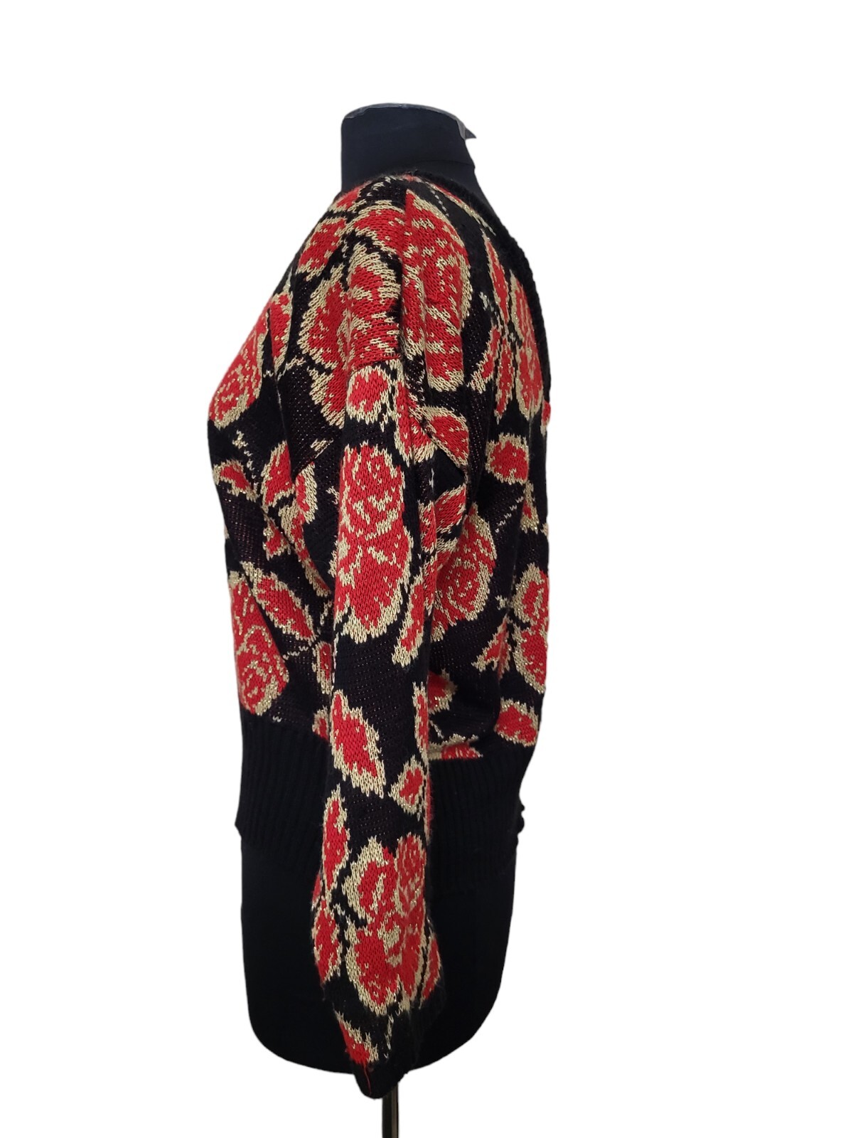 Vintage 80’s Sunshine Starshine Acrylic Sweater Red Roses Black Gold USA Size M