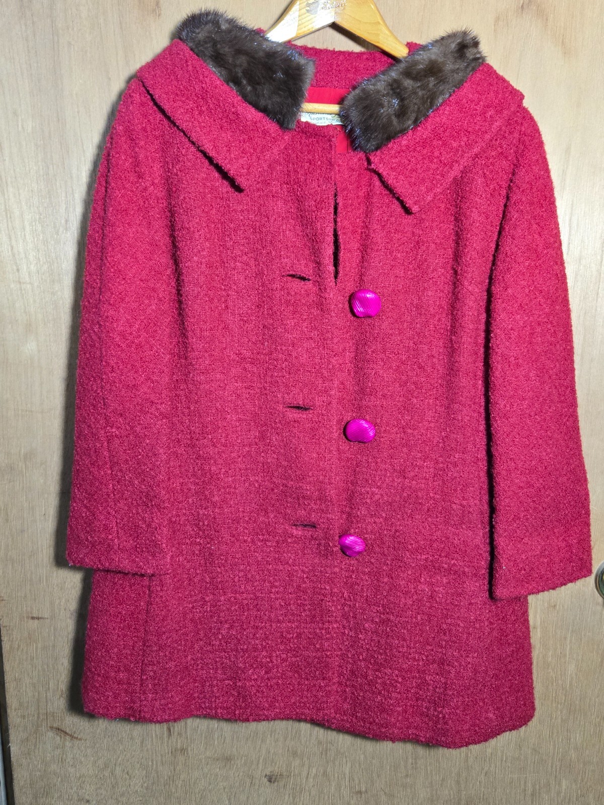 Vintage Kennie Original Red Wool Coat Mink Collar 1960s Size M EUC