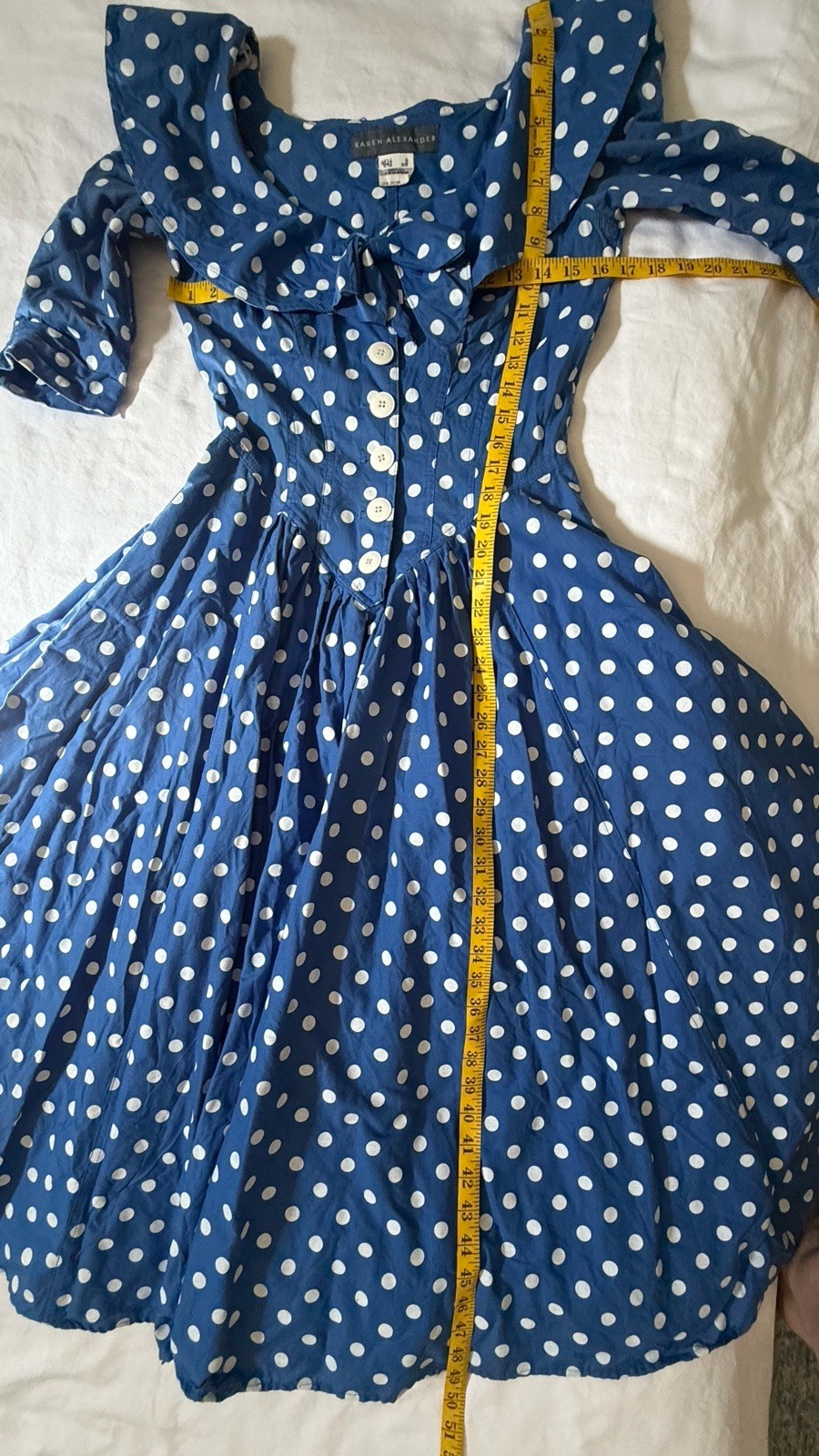 Vintage Karen Alexander 80s Blue Polka Dot Cotton Full Sweep Dress Size 8